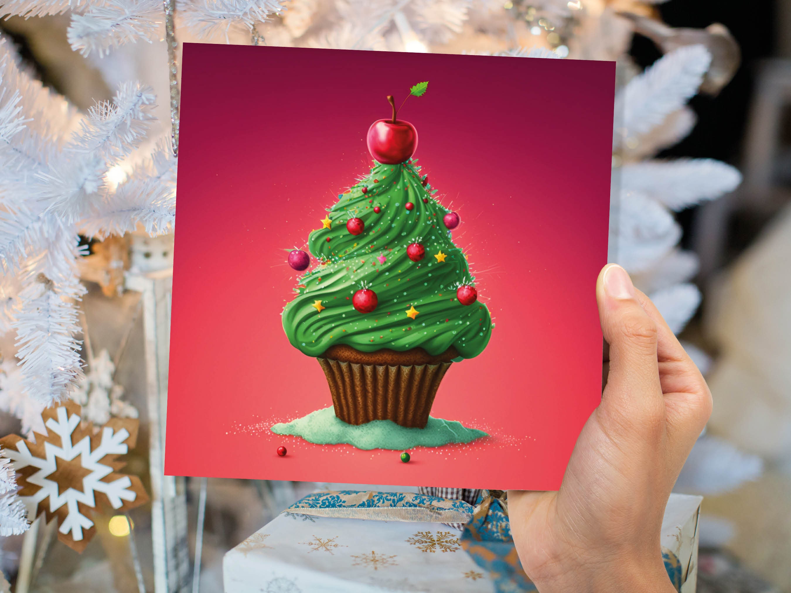 Cake Christmas Tree Card Fairy Cupcake with Green Frosting Icing Red Sprinkles Xmas Greetings Card For Bakers Baking Family Friends 2024 - View 4