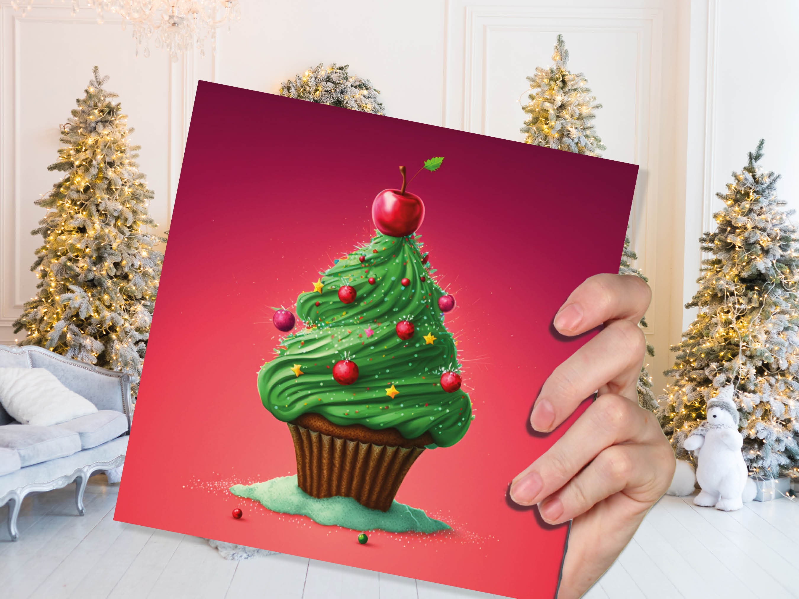 Cake Christmas Tree Card Fairy Cupcake with Green Frosting Icing Red Sprinkles Xmas Greetings Card For Bakers Baking Family Friends 2024 - View 5