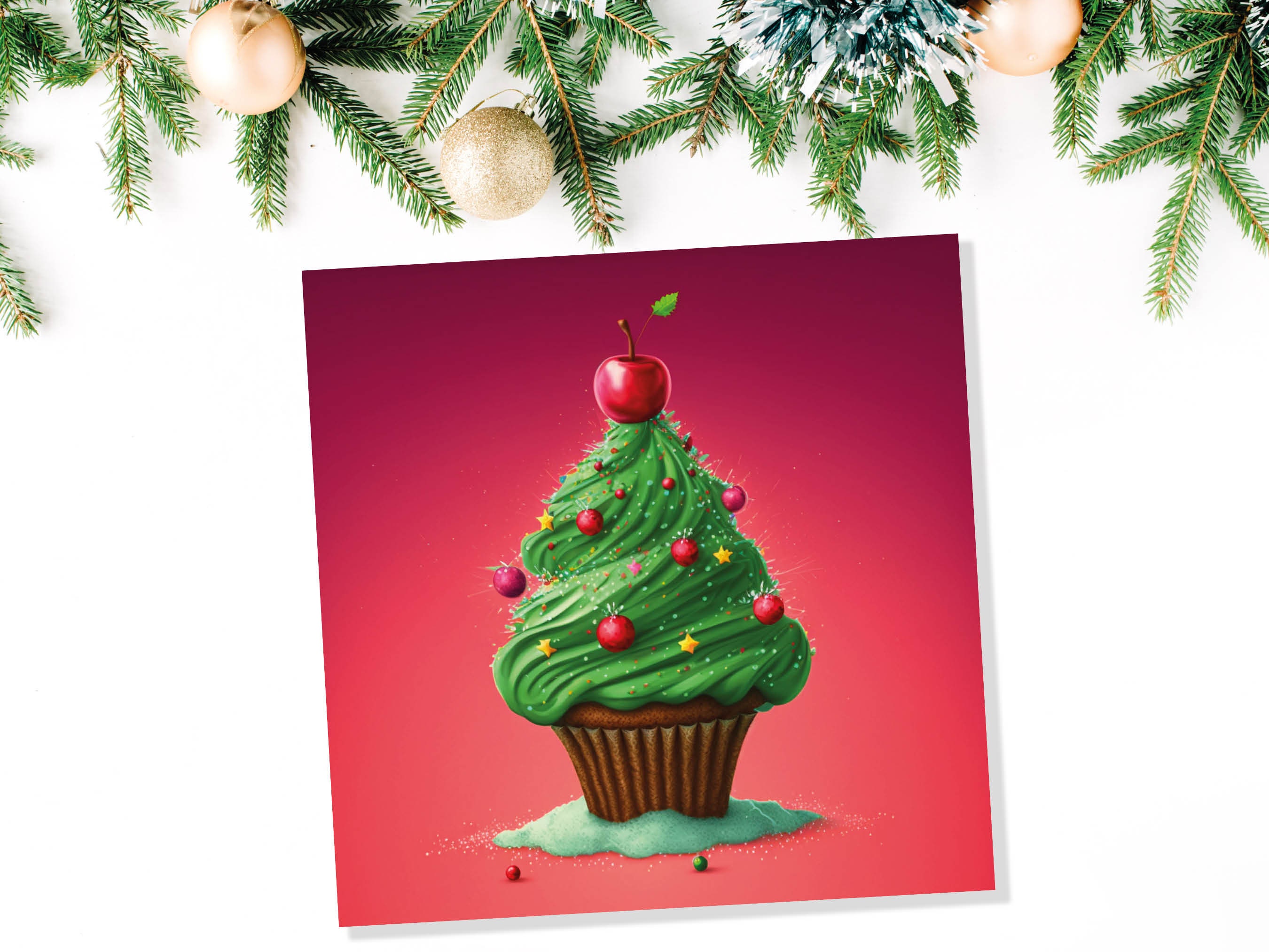 Cake Christmas Tree Card Fairy Cupcake with Green Frosting Icing Red Sprinkles Xmas Greetings Card For Bakers Baking Family Friends 2024 - View 6