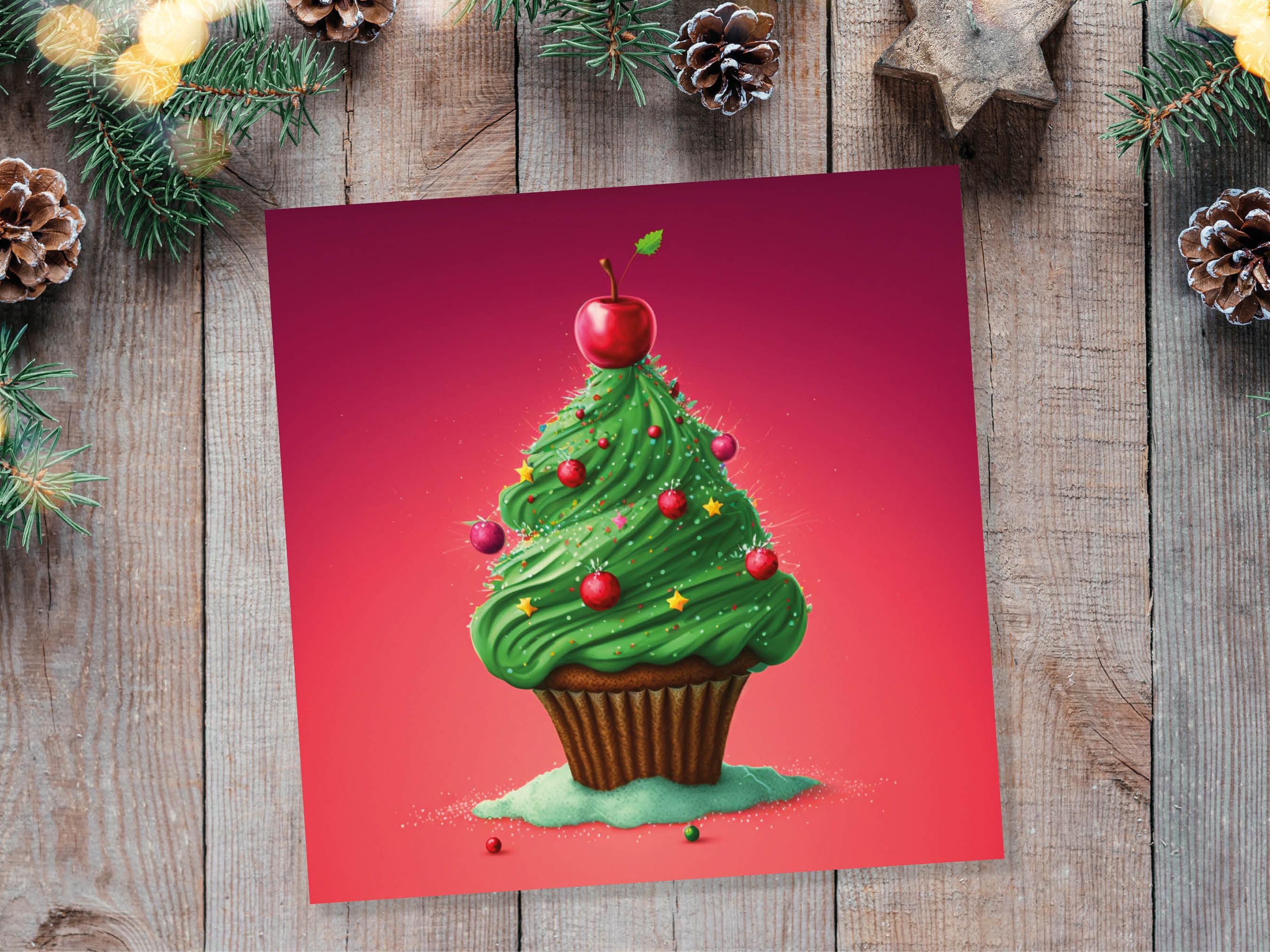 Cake Christmas Tree Card Fairy Cupcake with Green Frosting Icing Red Sprinkles Xmas Greetings Card For Bakers Baking Family Friends 2024 - View 7