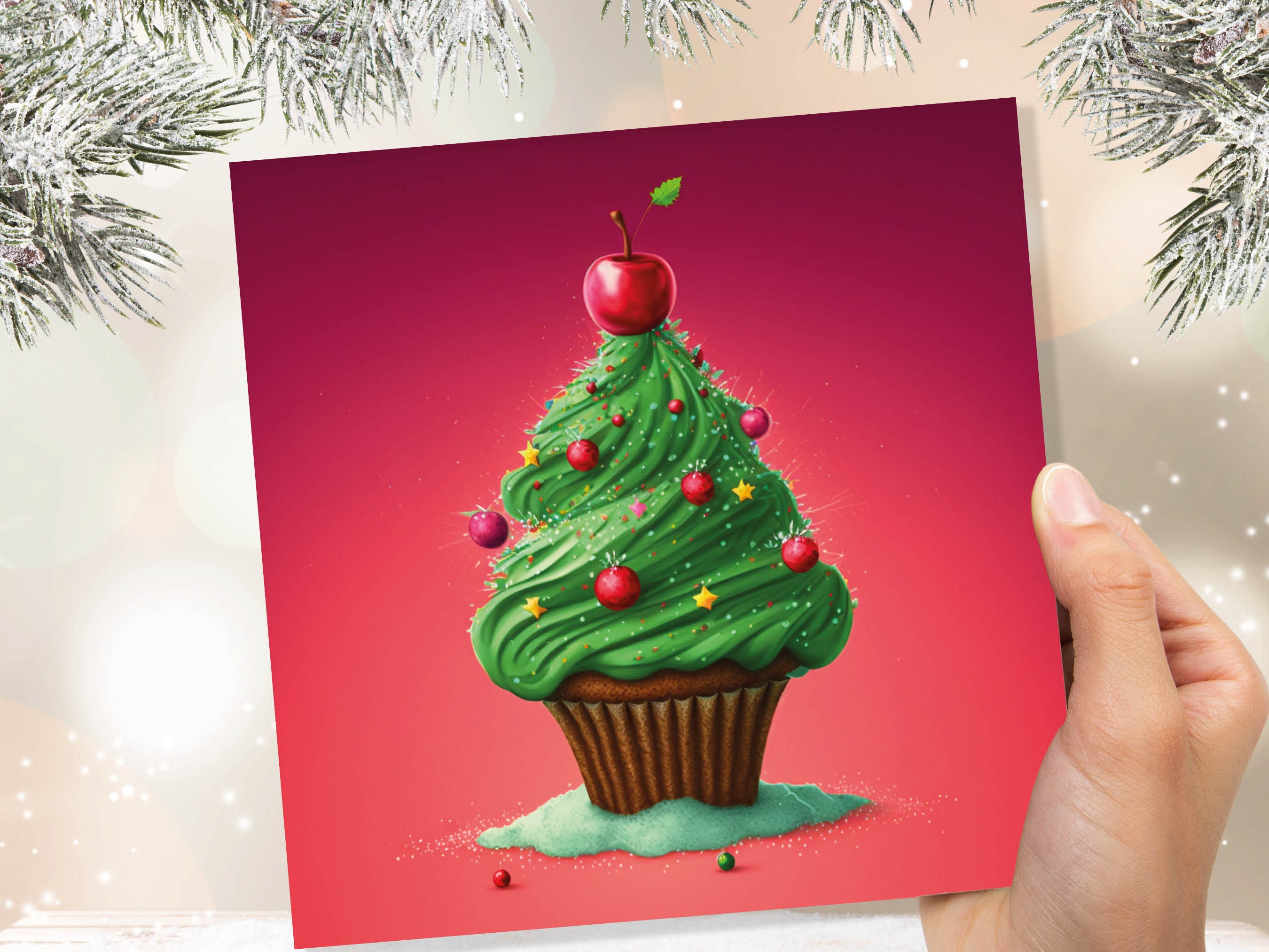 Cake Christmas Tree Card Fairy Cupcake with Green Frosting Icing Red Sprinkles Xmas Greetings Card For Bakers Baking Family Friends 2024 - View 8