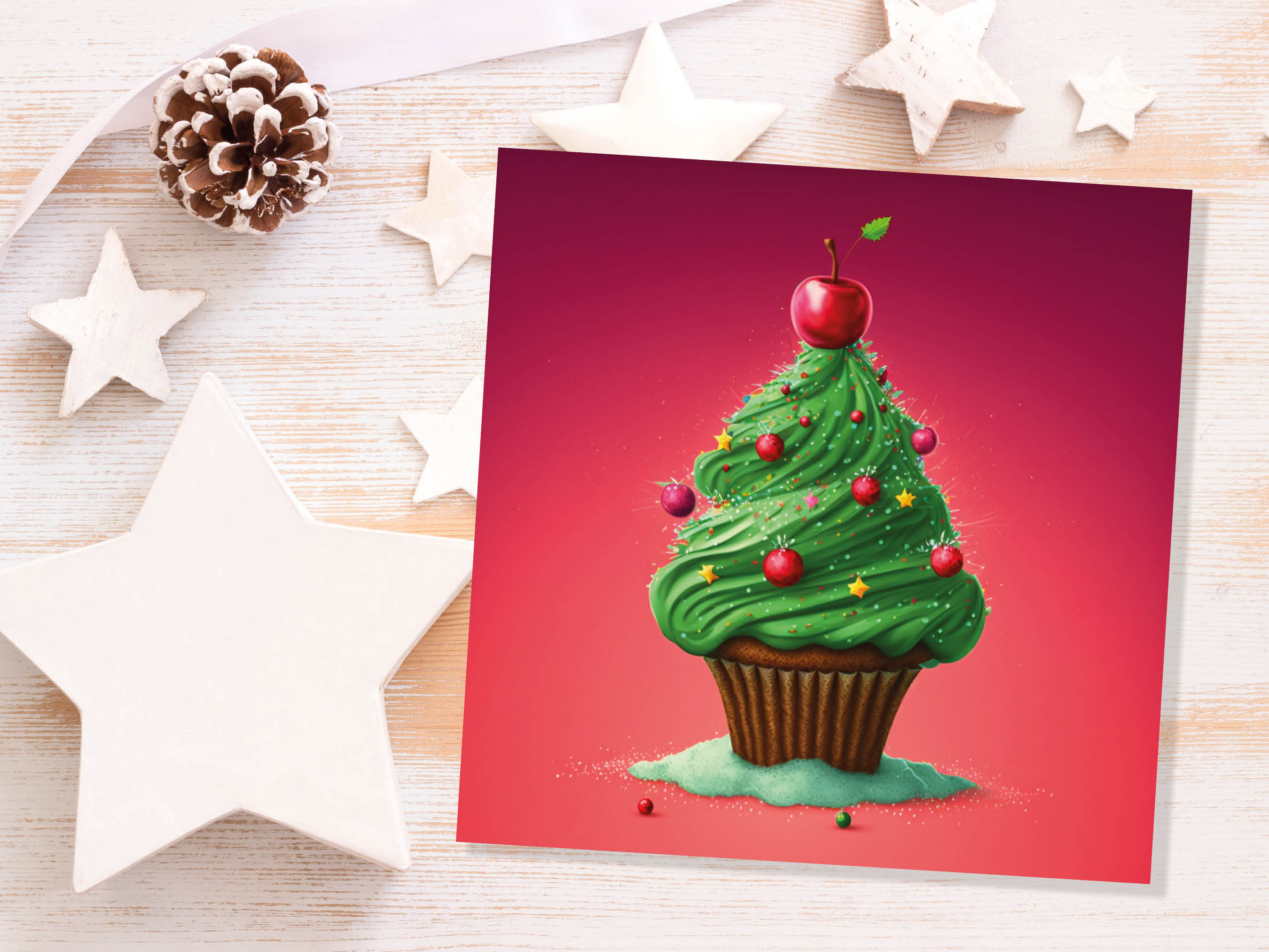 Cake Christmas Tree Card Fairy Cupcake with Green Frosting Icing Red Sprinkles Xmas Greetings Card For Bakers Baking Family Friends 2024 - View 9