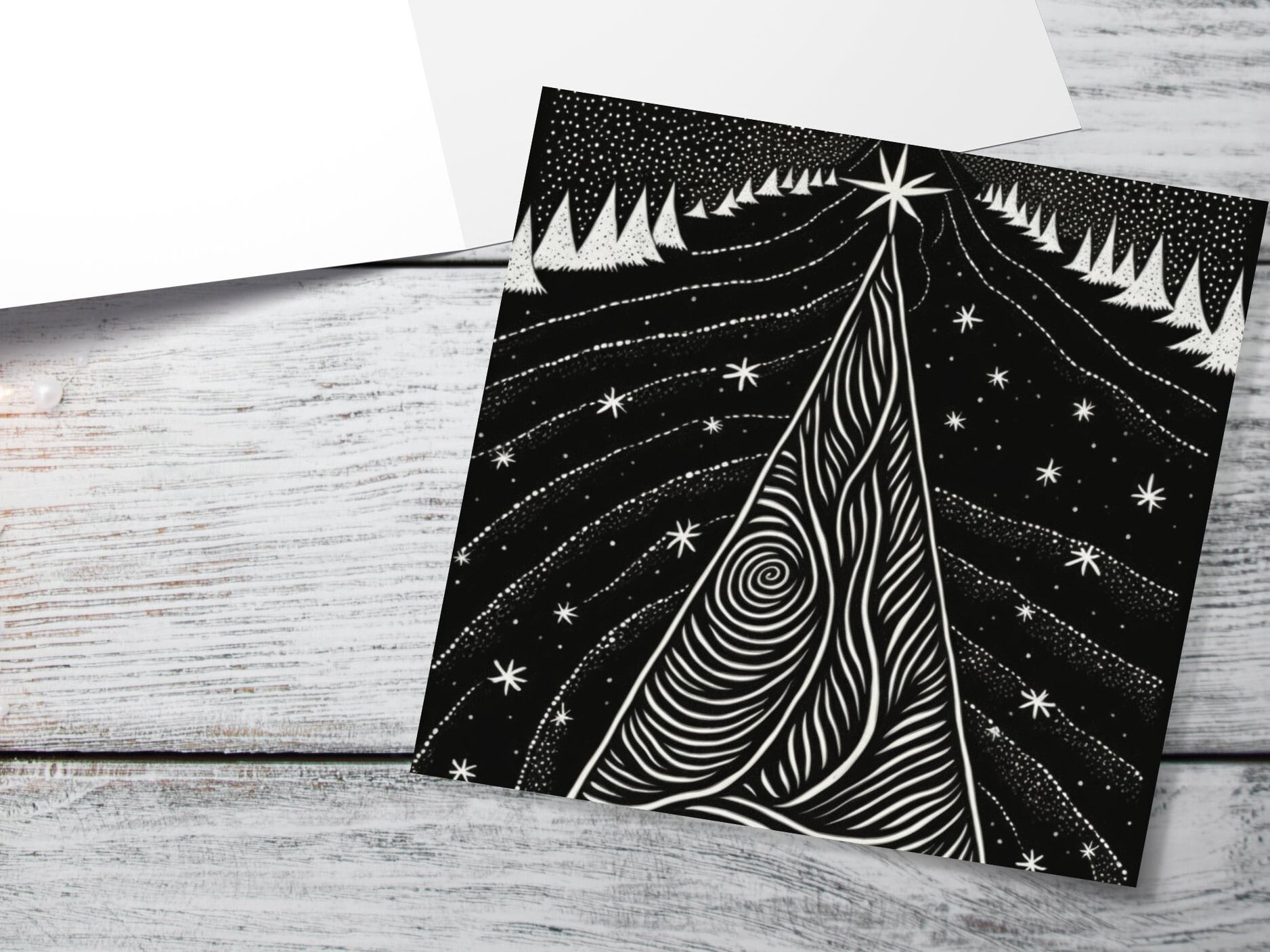 Black Christmas Tree Card Linocut Monochrome Magical Stars Starry Forest Snow Scene Snowy Night Sky Greetings For Family Friends Xmas 2024 - View 10