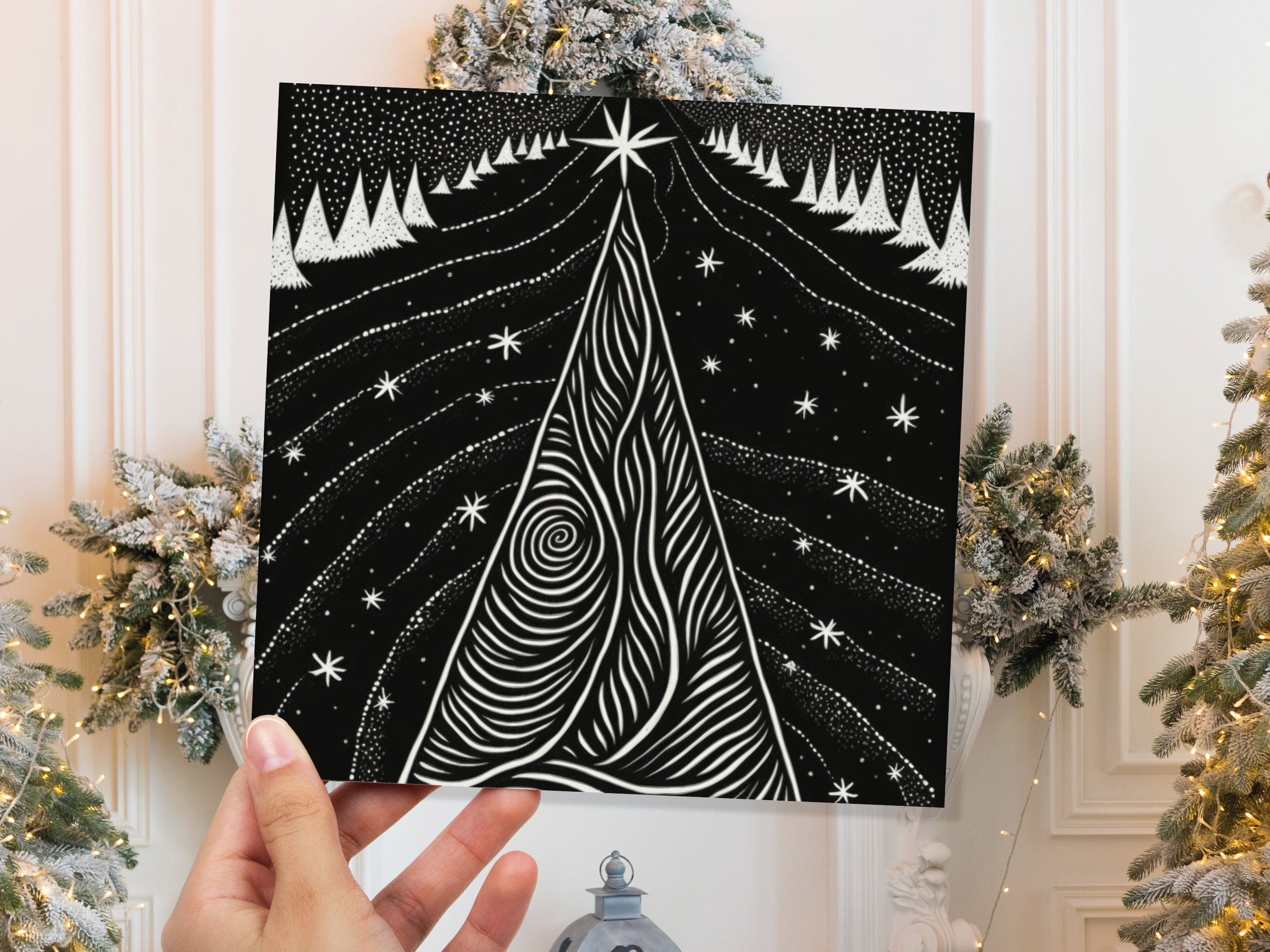 Black Christmas Tree Card Linocut Monochrome Magical Stars Starry Forest Snow Scene Snowy Night Sky Greetings For Family Friends Xmas 2024