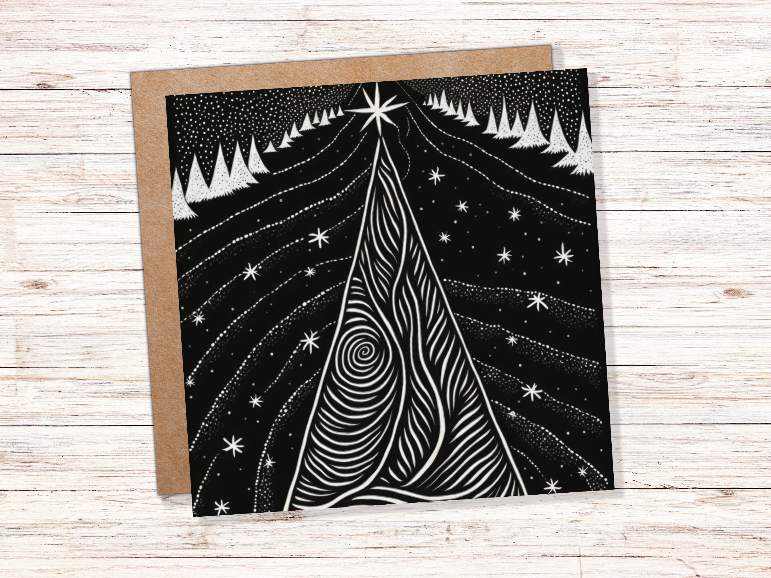 Black Christmas Tree Card Linocut Monochrome Magical Stars Starry Forest Snow Scene Snowy Night Sky Greetings For Family Friends Xmas 2024 - View 2