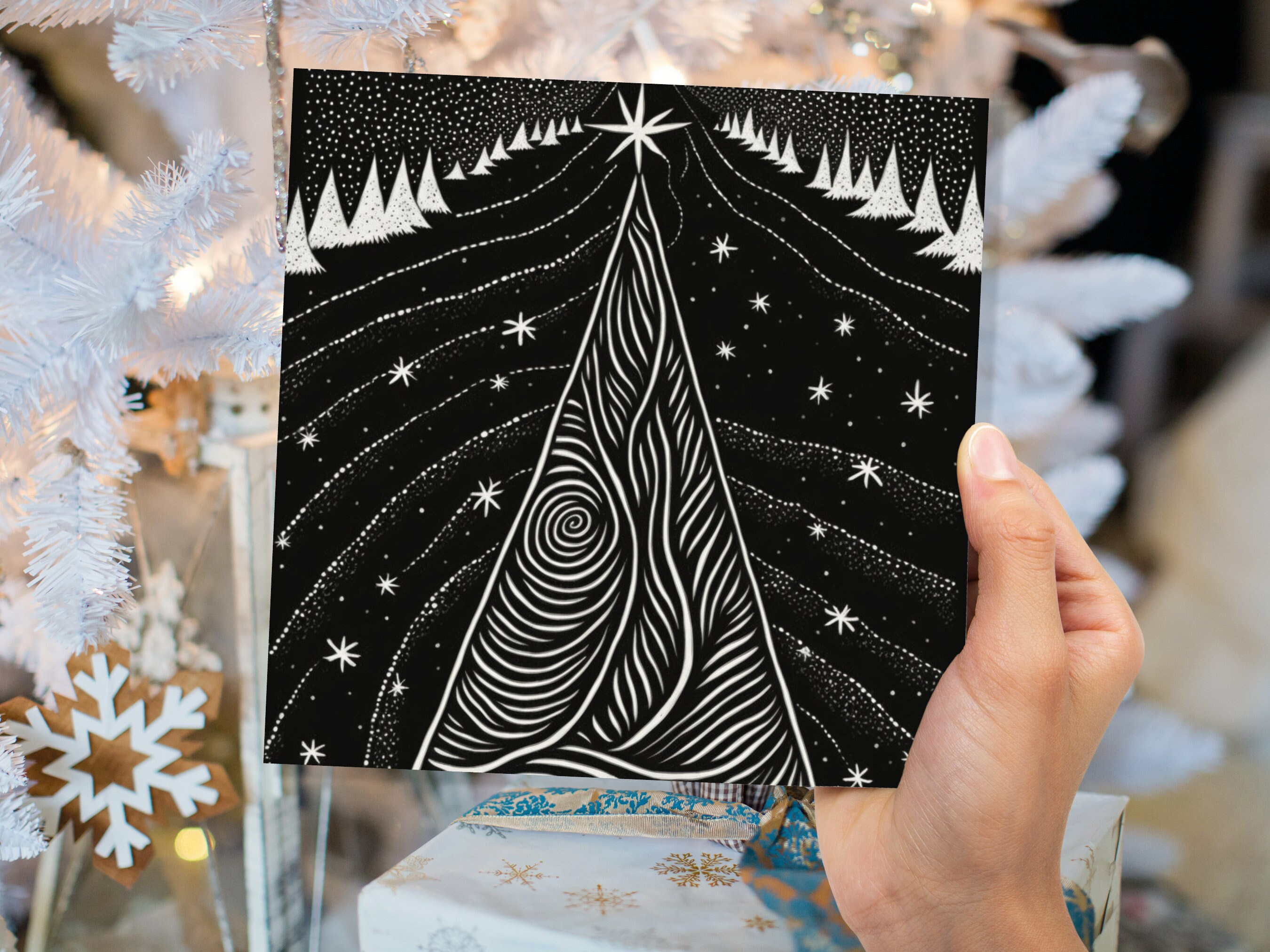 Black Christmas Tree Card Linocut Monochrome Magical Stars Starry Forest Snow Scene Snowy Night Sky Greetings For Family Friends Xmas 2024 - View 3