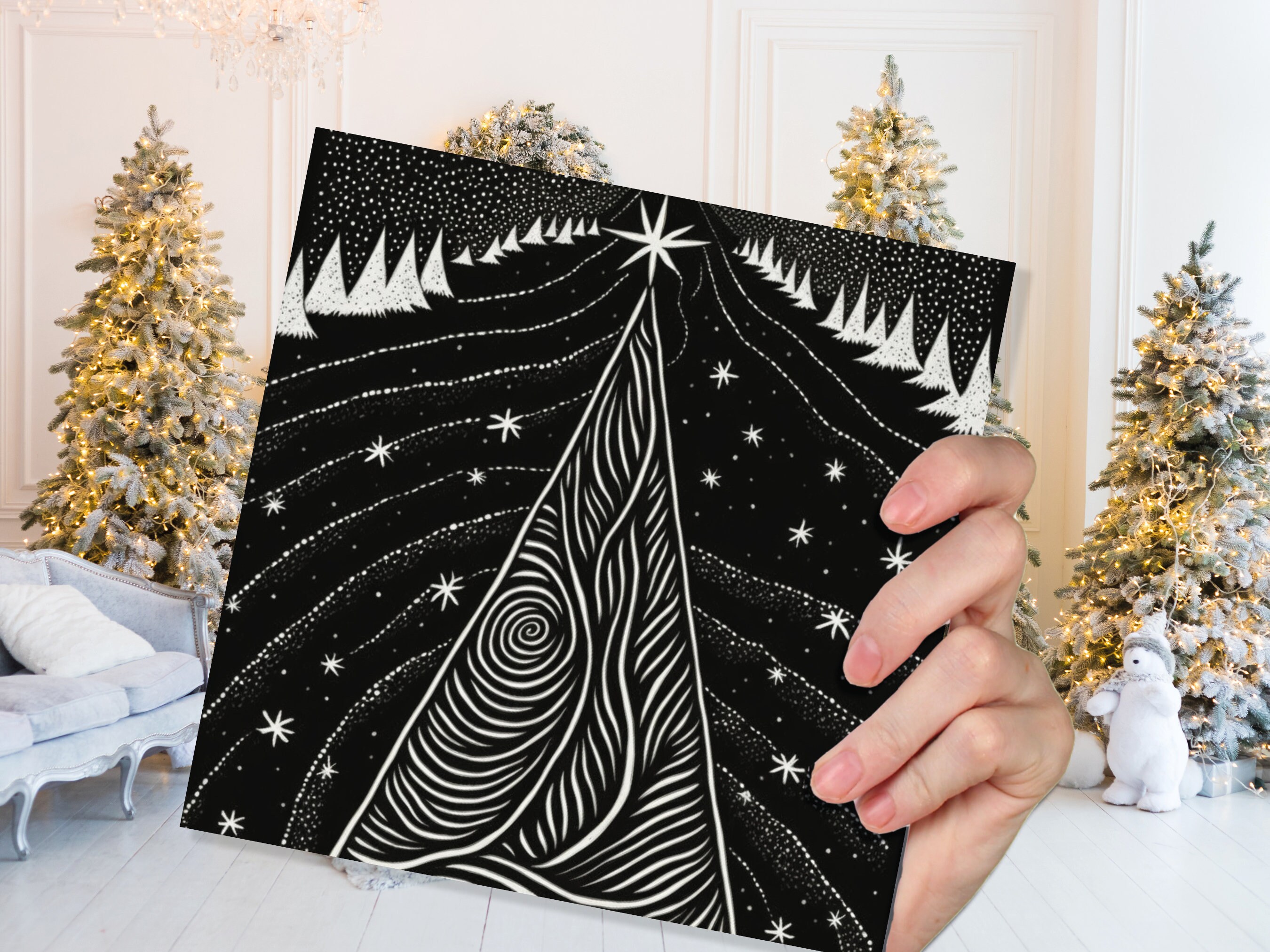 Black Christmas Tree Card Linocut Monochrome Magical Stars Starry Forest Snow Scene Snowy Night Sky Greetings For Family Friends Xmas 2024 - View 4