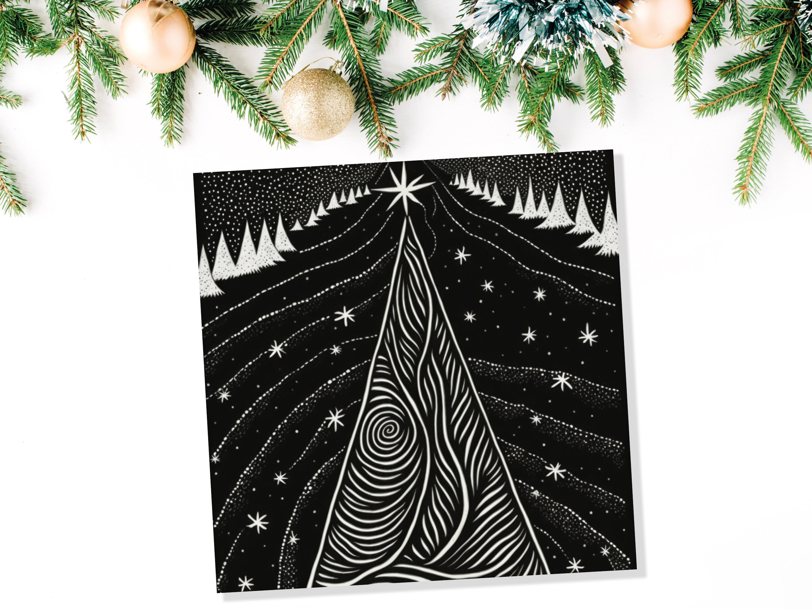 Black Christmas Tree Card Linocut Monochrome Magical Stars Starry Forest Snow Scene Snowy Night Sky Greetings For Family Friends Xmas 2024 - View 5