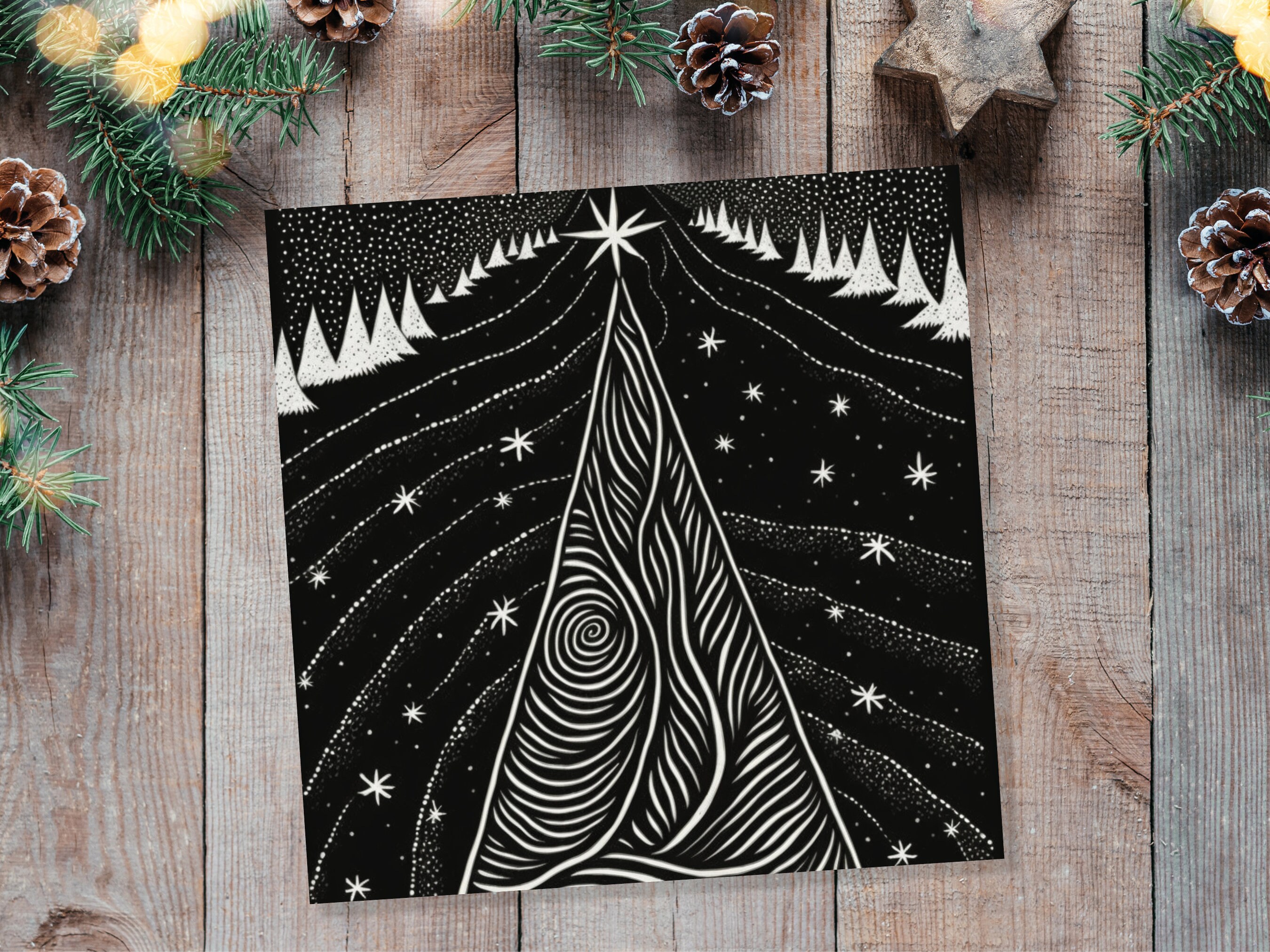 Black Christmas Tree Card Linocut Monochrome Magical Stars Starry Forest Snow Scene Snowy Night Sky Greetings For Family Friends Xmas 2024 - View 6