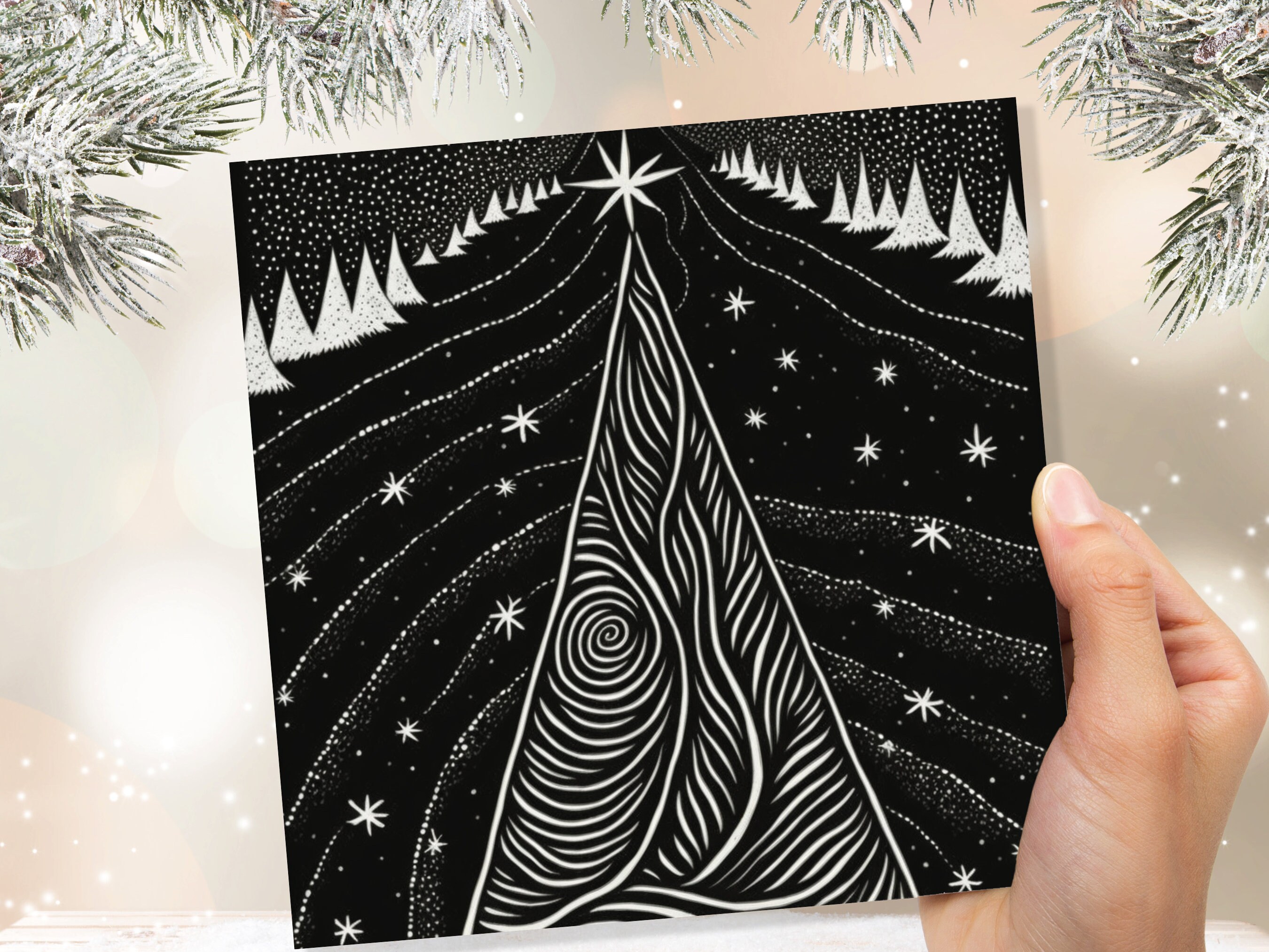 Black Christmas Tree Card Linocut Monochrome Magical Stars Starry Forest Snow Scene Snowy Night Sky Greetings For Family Friends Xmas 2024 - View 7