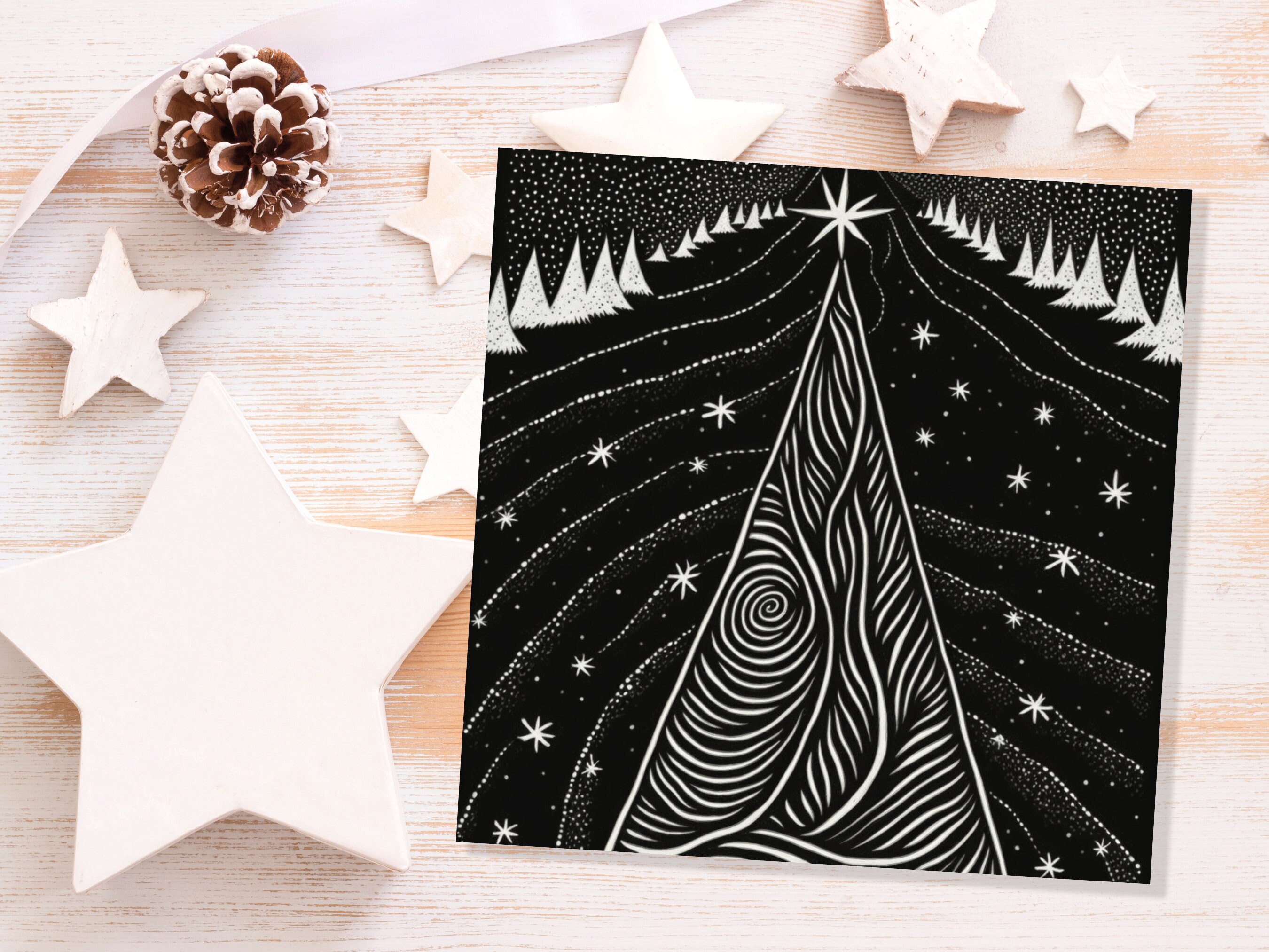 Black Christmas Tree Card Linocut Monochrome Magical Stars Starry Forest Snow Scene Snowy Night Sky Greetings For Family Friends Xmas 2024 - View 8