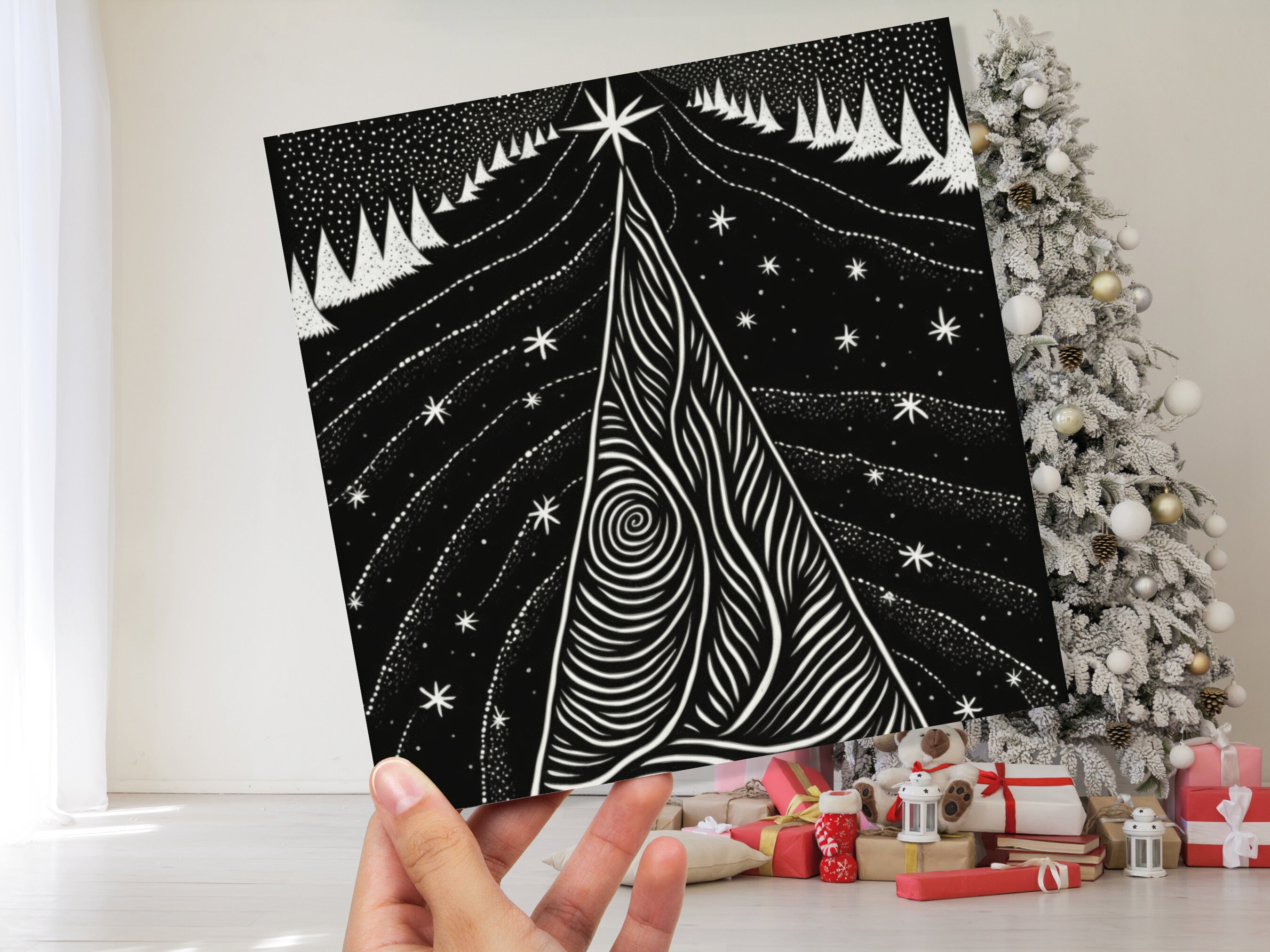 Black Christmas Tree Card Linocut Monochrome Magical Stars Starry Forest Snow Scene Snowy Night Sky Greetings For Family Friends Xmas 2024 - View 9