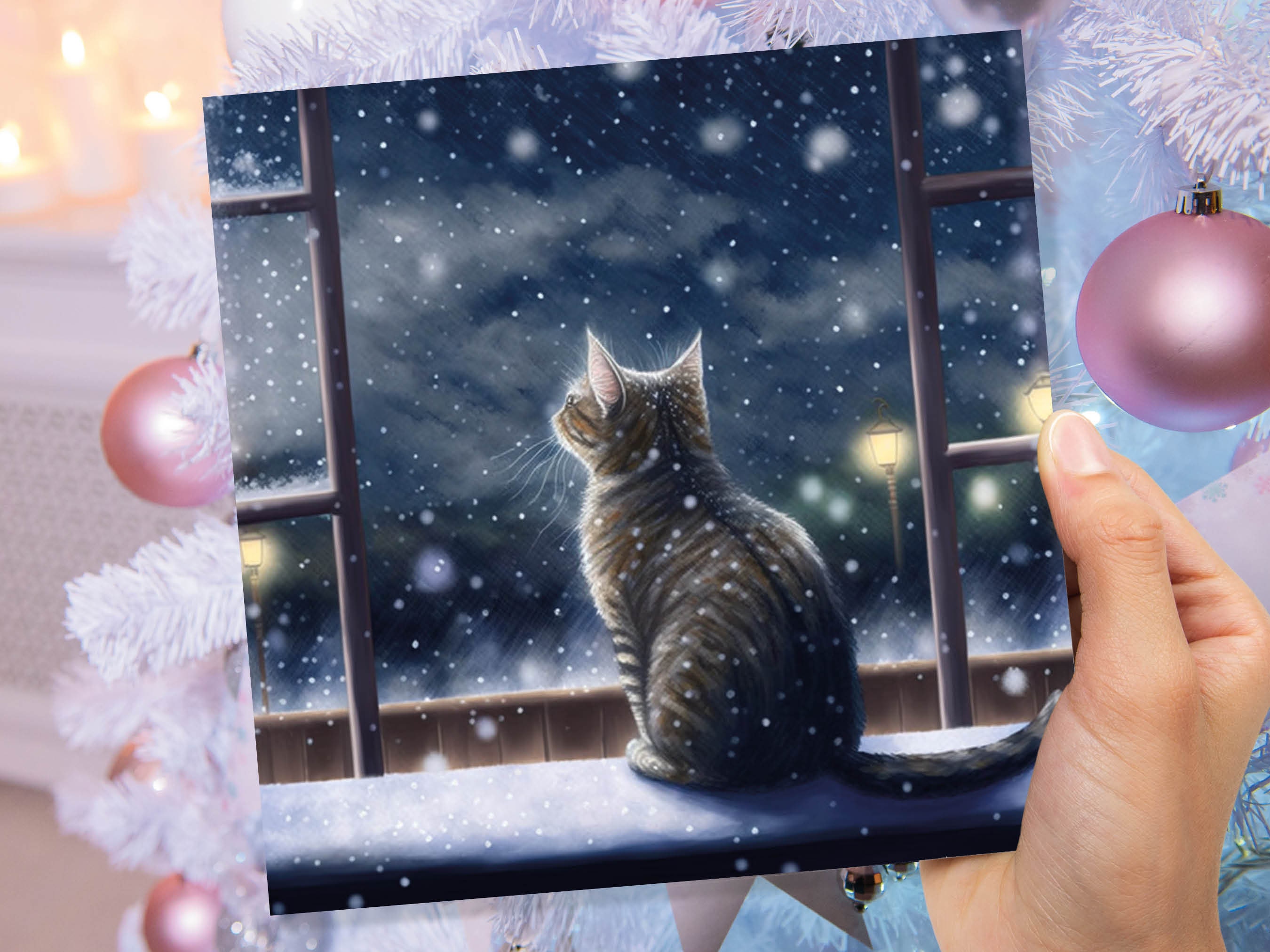 Cat Christmas Card Cute Kitten Watching Snow Fall Tabby Snowy Window Winter Night Scene Falling Whimsical Greetings Family Friends Xmas 2024 - View 8