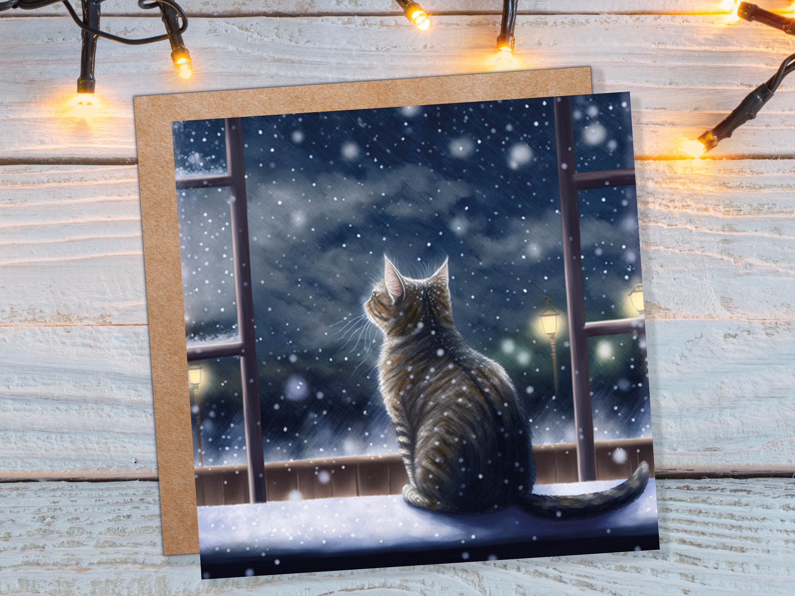 Cat Christmas Card Cute Kitten Watching Snow Fall Tabby Snowy Window Winter Night Scene Falling Whimsical Greetings Family Friends Xmas 2024 - View 2