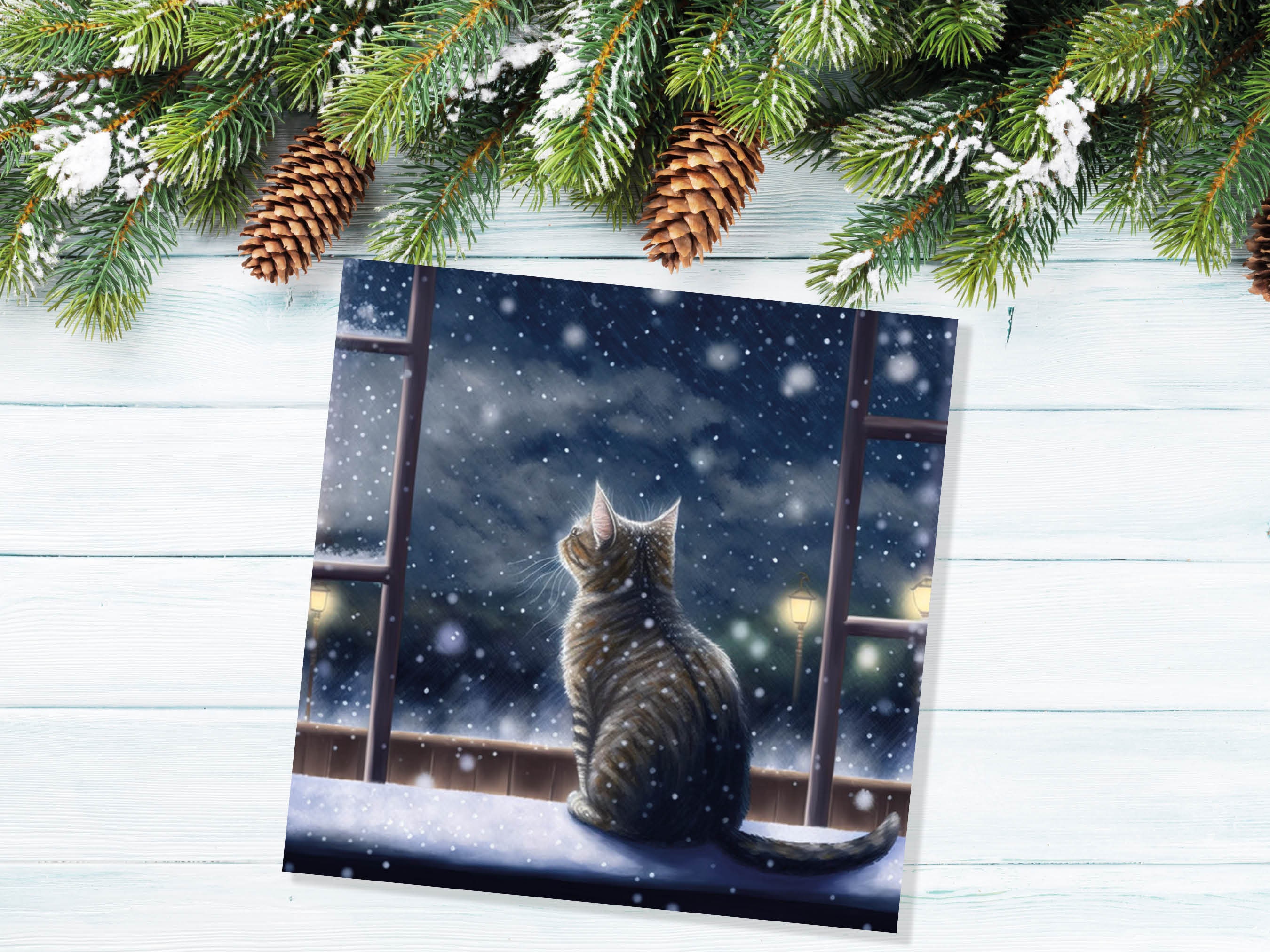 Cat Christmas Card Cute Kitten Watching Snow Fall Tabby Snowy Window Winter Night Scene Falling Whimsical Greetings Family Friends Xmas 2024 - View 5