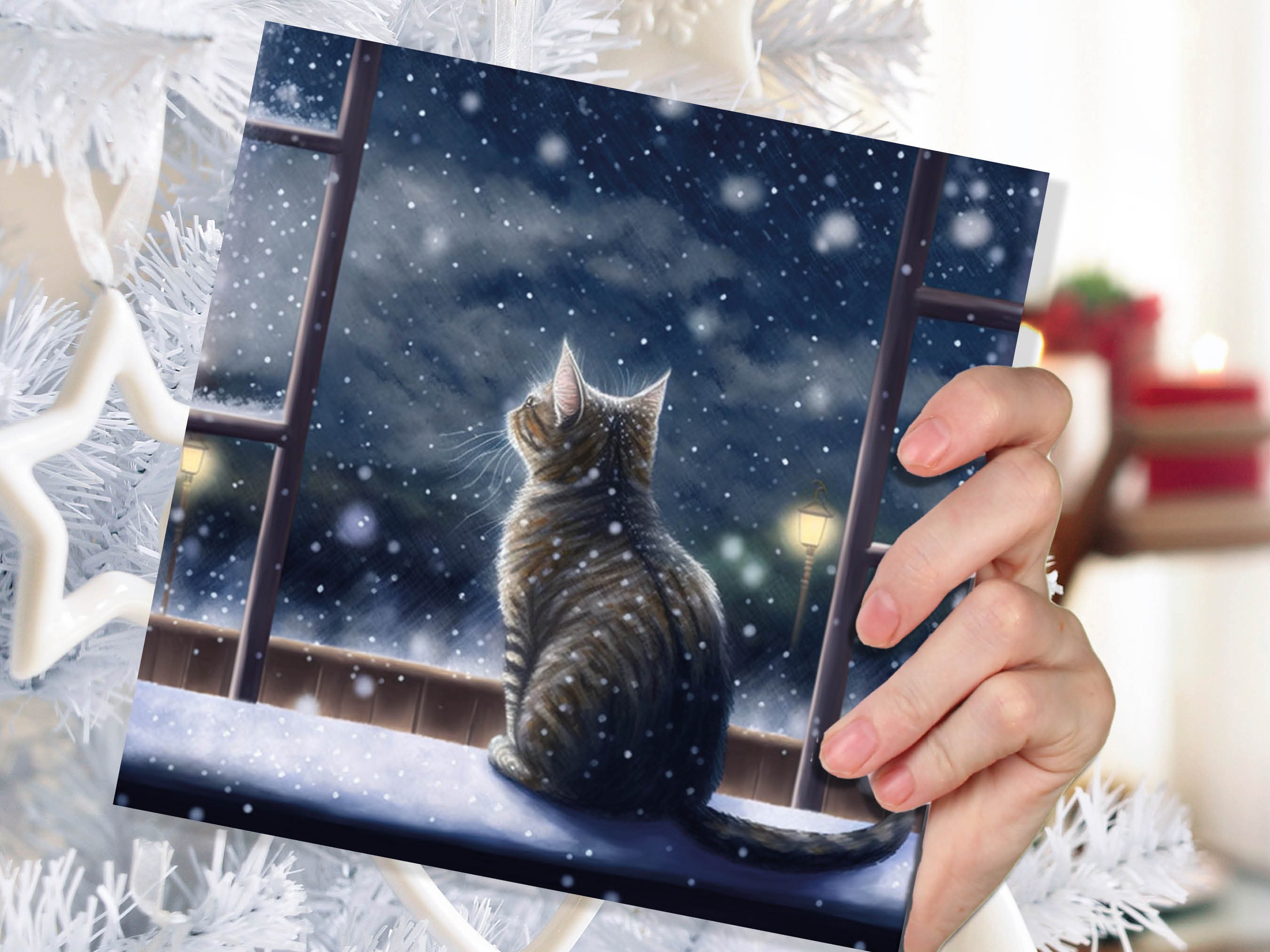 Cat Christmas Card Cute Kitten Watching Snow Fall Tabby Snowy Window Winter Night Scene Falling Whimsical Greetings Family Friends Xmas 2024 - View 7