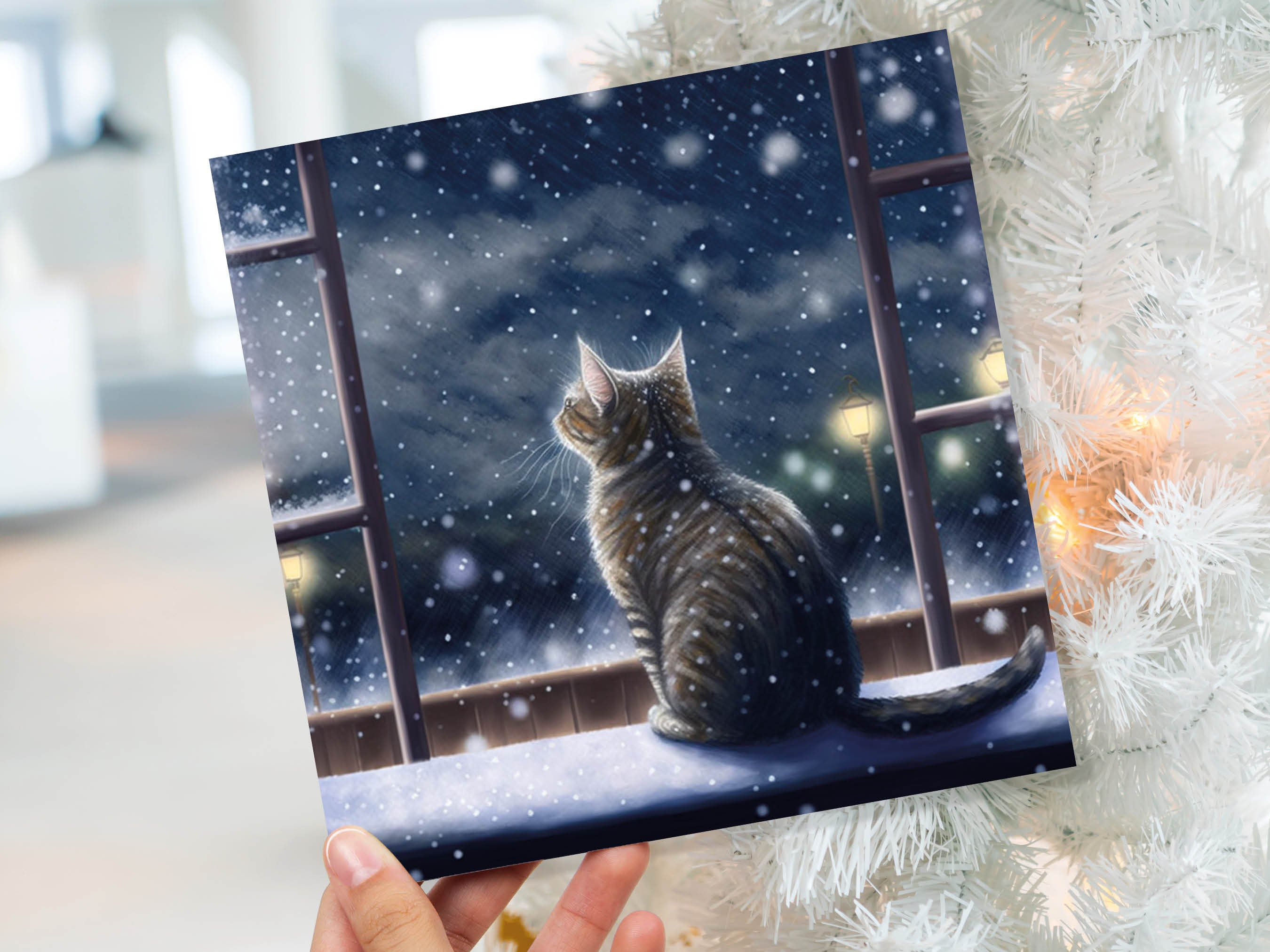 Cat Christmas Card Cute Kitten Watching Snow Fall Tabby Snowy Window Winter Night Scene Falling Whimsical Greetings Family Friends Xmas 2024