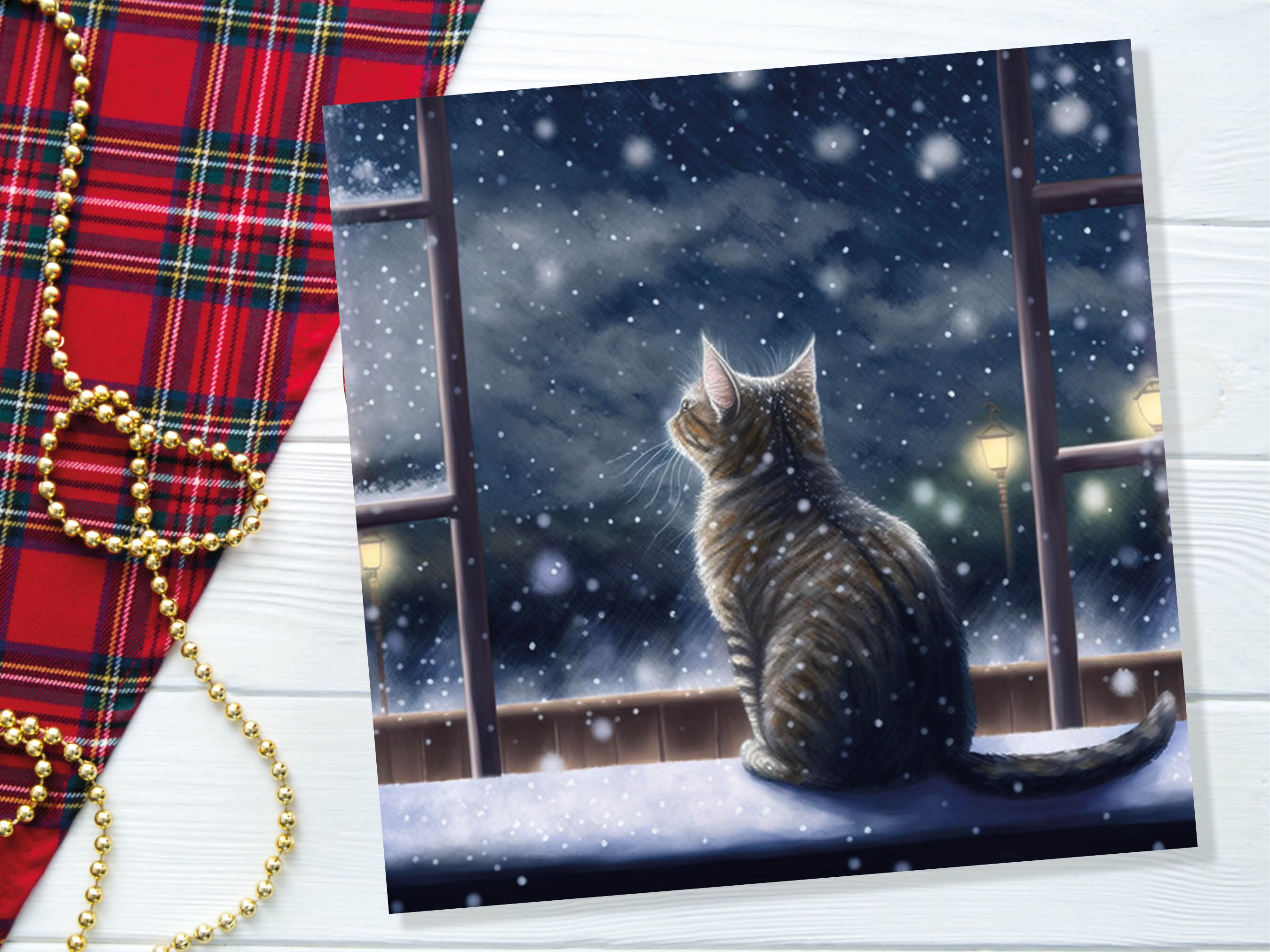 Cat Christmas Card Cute Kitten Watching Snow Fall Tabby Snowy Window Winter Night Scene Falling Whimsical Greetings Family Friends Xmas 2024 - View 6