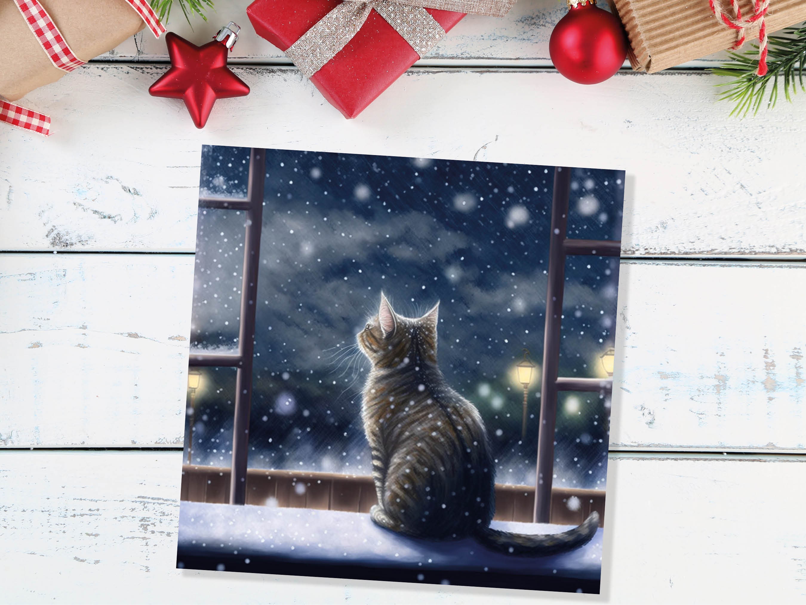 Cat Christmas Card Cute Kitten Watching Snow Fall Tabby Snowy Window Winter Night Scene Falling Whimsical Greetings Family Friends Xmas 2024 - View 9