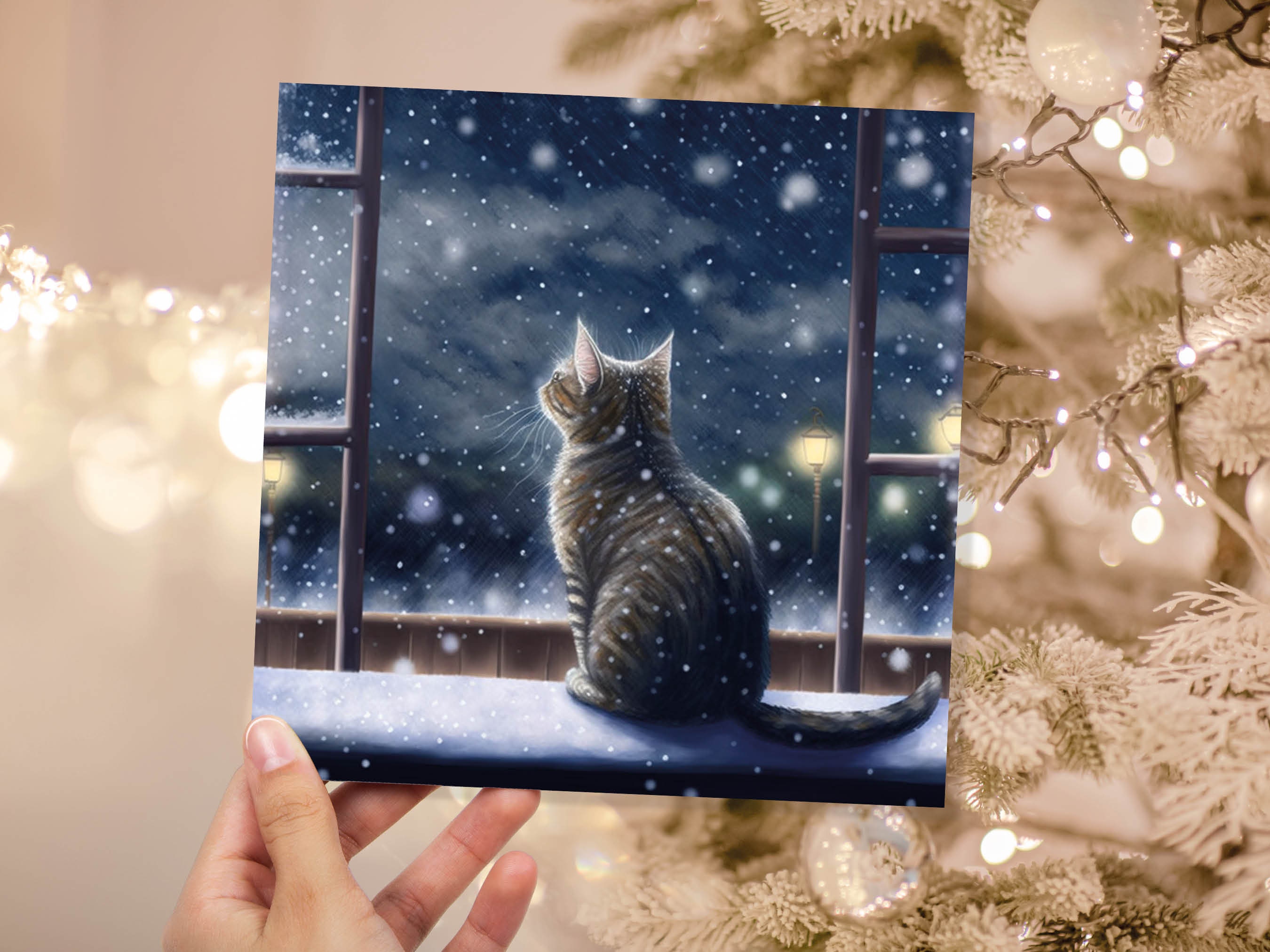 Cat Christmas Card Cute Kitten Watching Snow Fall Tabby Snowy Window Winter Night Scene Falling Whimsical Greetings Family Friends Xmas 2024 - View 3