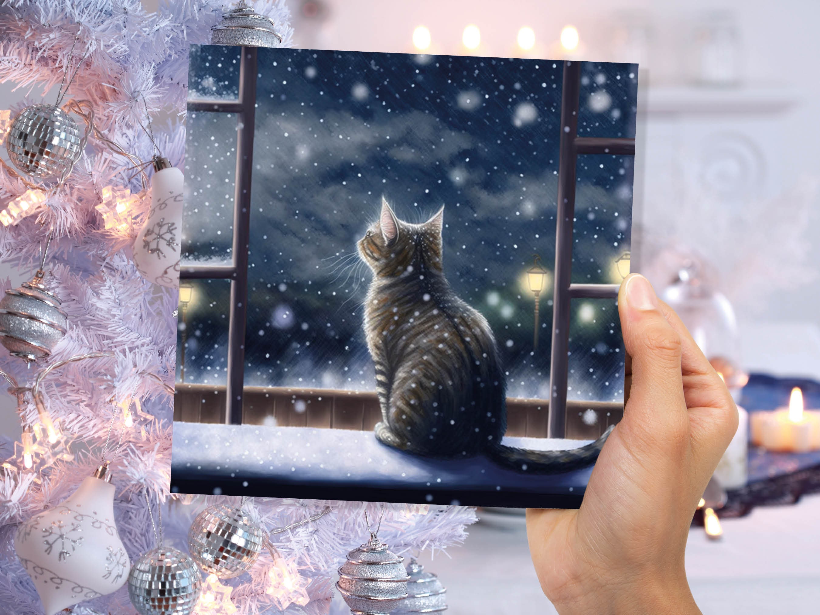 Cat Christmas Card Cute Kitten Watching Snow Fall Tabby Snowy Window Winter Night Scene Falling Whimsical Greetings Family Friends Xmas 2024 - View 4