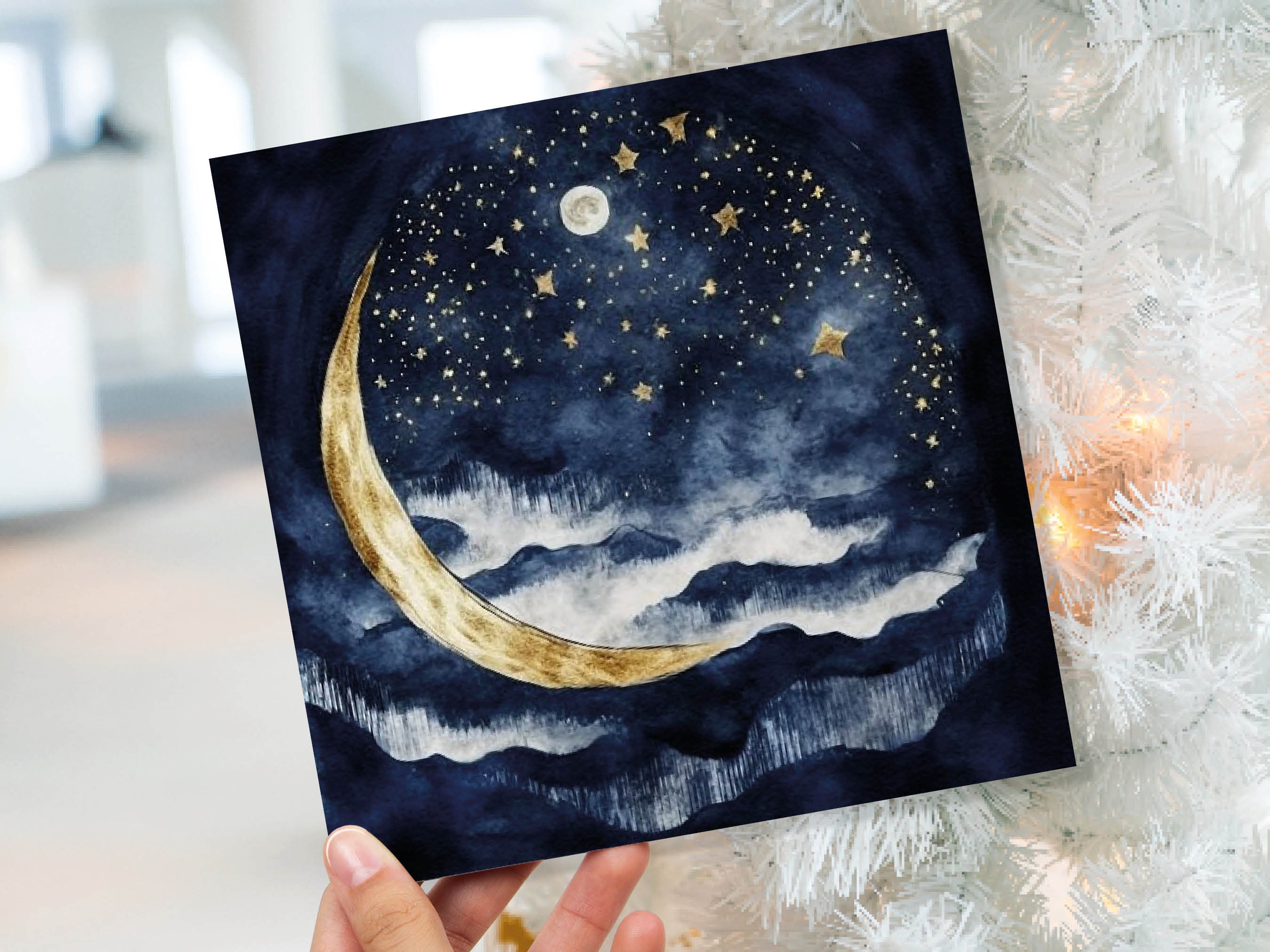 Crescent Moon Greeting Card Prussian Blue and Gold Watercolour Night Sky Stars Beautiful Sea Ocean Waves Greetings Cards for Family Friends - View 2