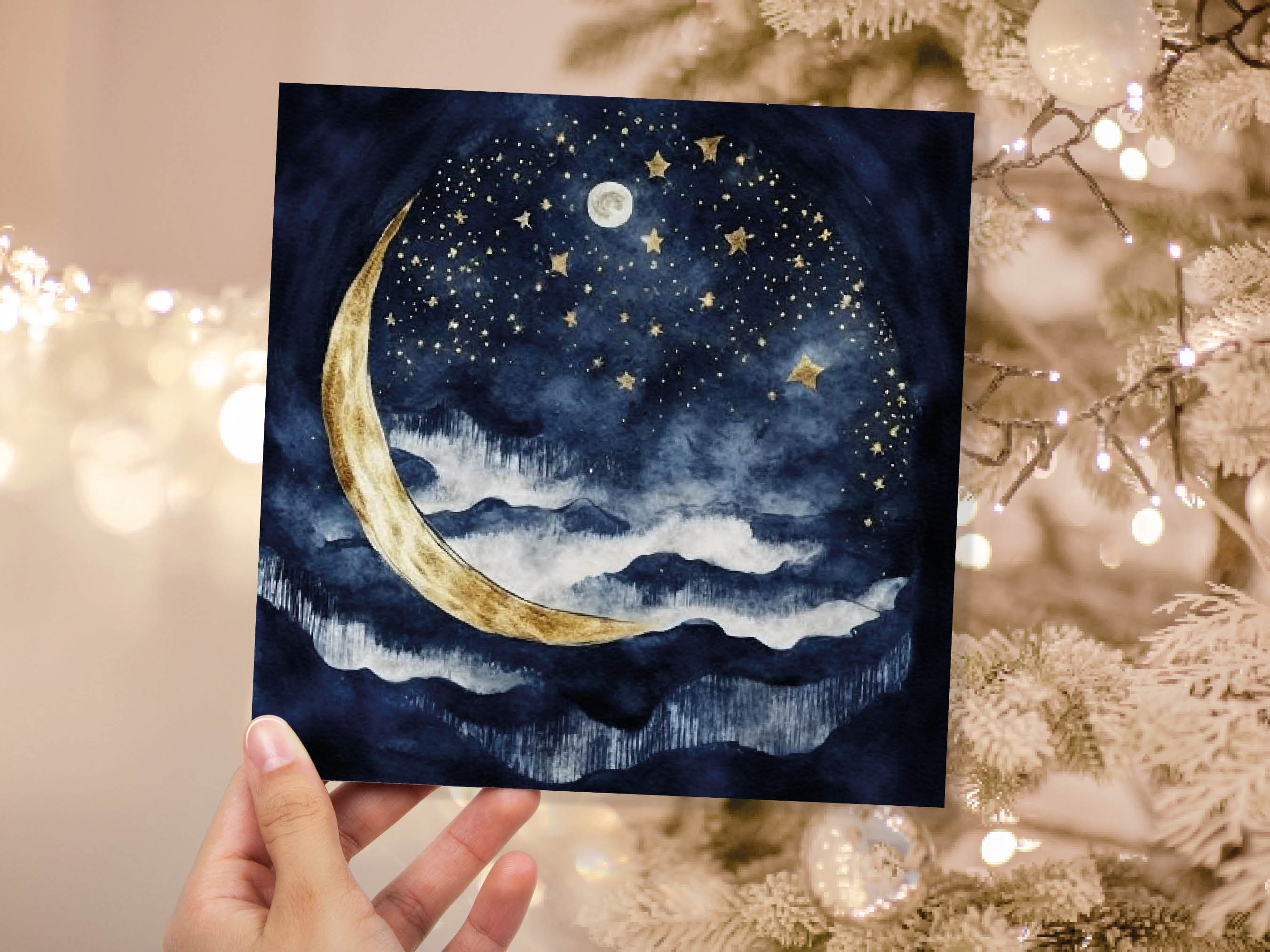 Crescent Moon Greeting Card Prussian Blue and Gold Watercolour Night Sky Stars Beautiful Sea Ocean Waves Greetings Cards for Family Friends - View 8