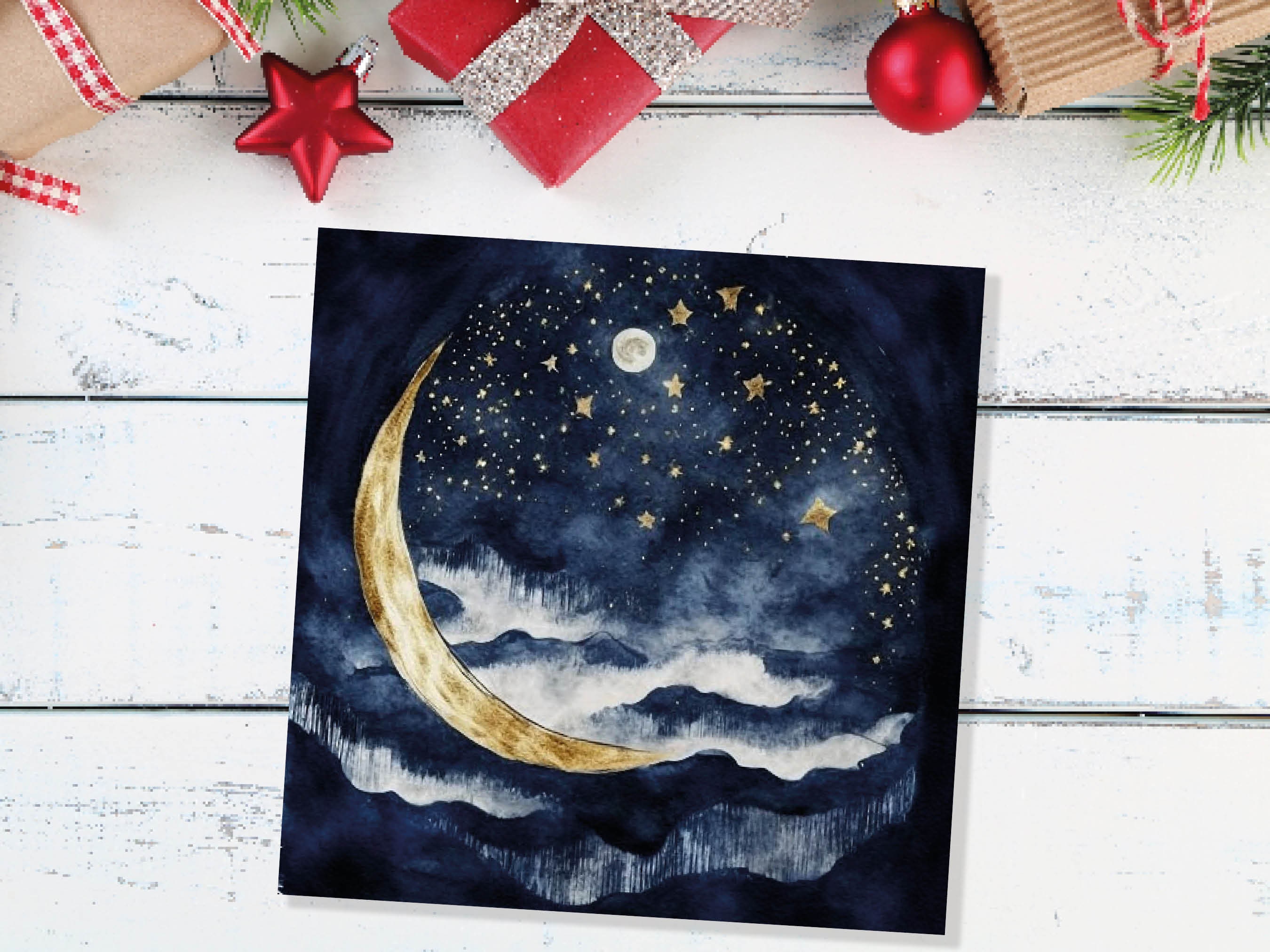 Crescent Moon Greeting Card Prussian Blue and Gold Watercolour Night Sky Stars Beautiful Sea Ocean Waves Greetings Cards for Family Friends - View 3