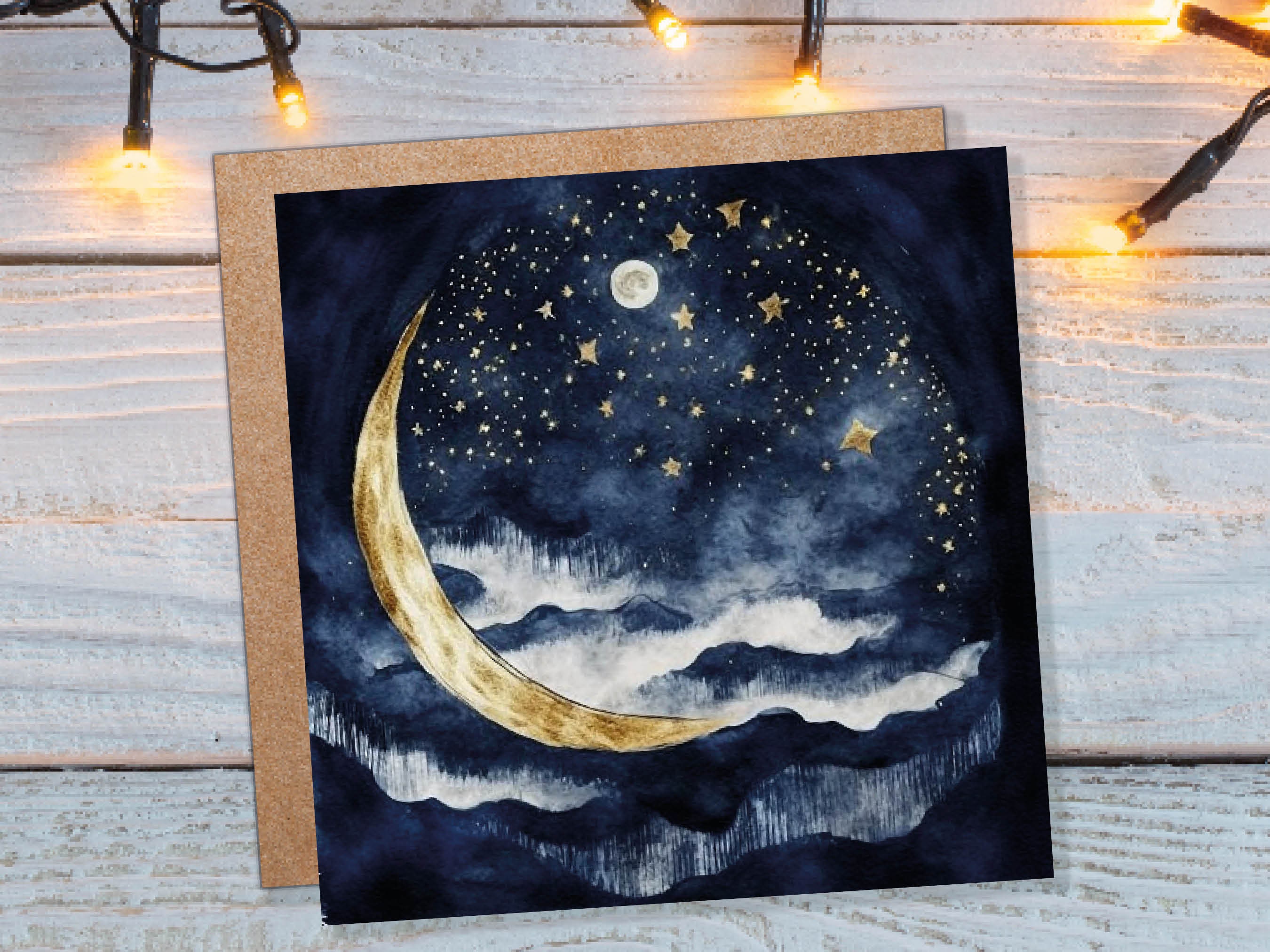 Crescent Moon Greeting Card Prussian Blue and Gold Watercolour Night Sky Stars Beautiful Sea Ocean Waves Greetings Cards for Family Friends - View 9