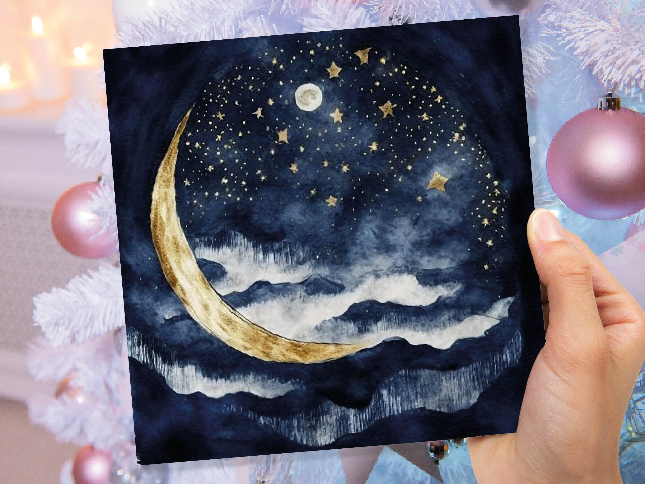 Crescent Moon Greeting Card Prussian Blue and Gold Watercolour Night Sky Stars Beautiful Sea Ocean Waves Greetings Cards for Family Friends - View 4