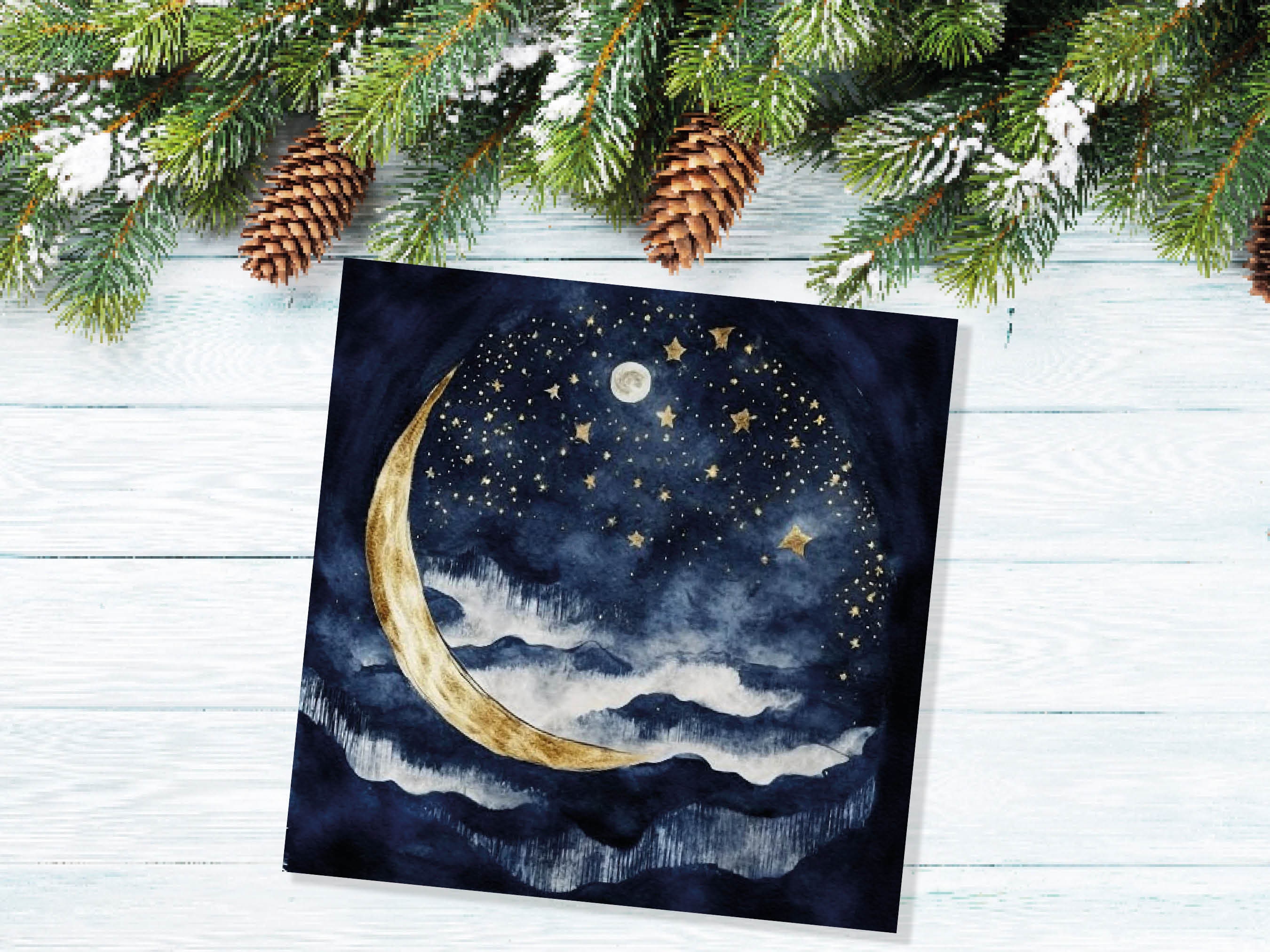 Crescent Moon Greeting Card Prussian Blue and Gold Watercolour Night Sky Stars Beautiful Sea Ocean Waves Greetings Cards for Family Friends - View 6