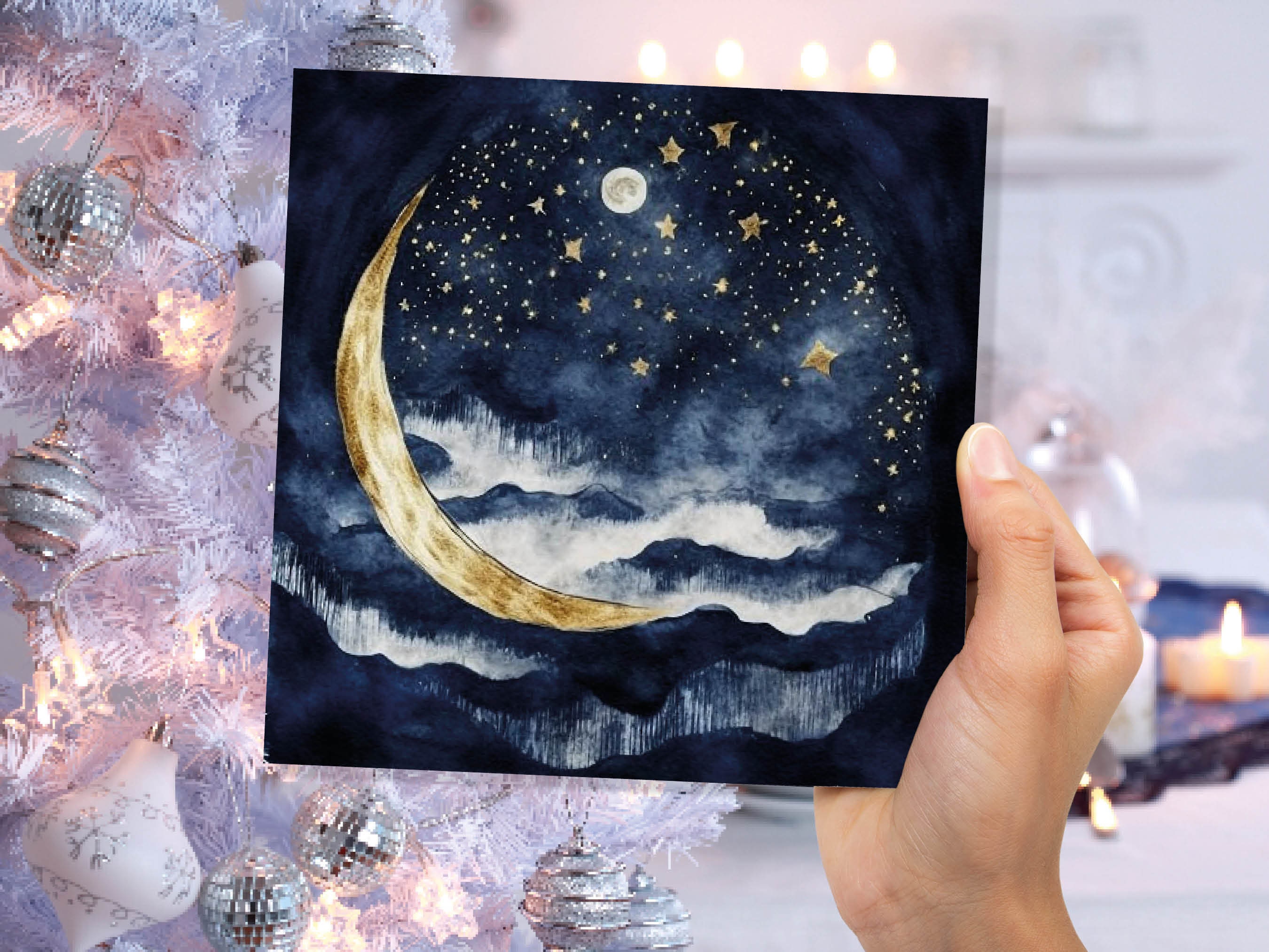 Crescent Moon Greeting Card Prussian Blue and Gold Watercolour Night Sky Stars Beautiful Sea Ocean Waves Greetings Cards for Family Friends - View 7