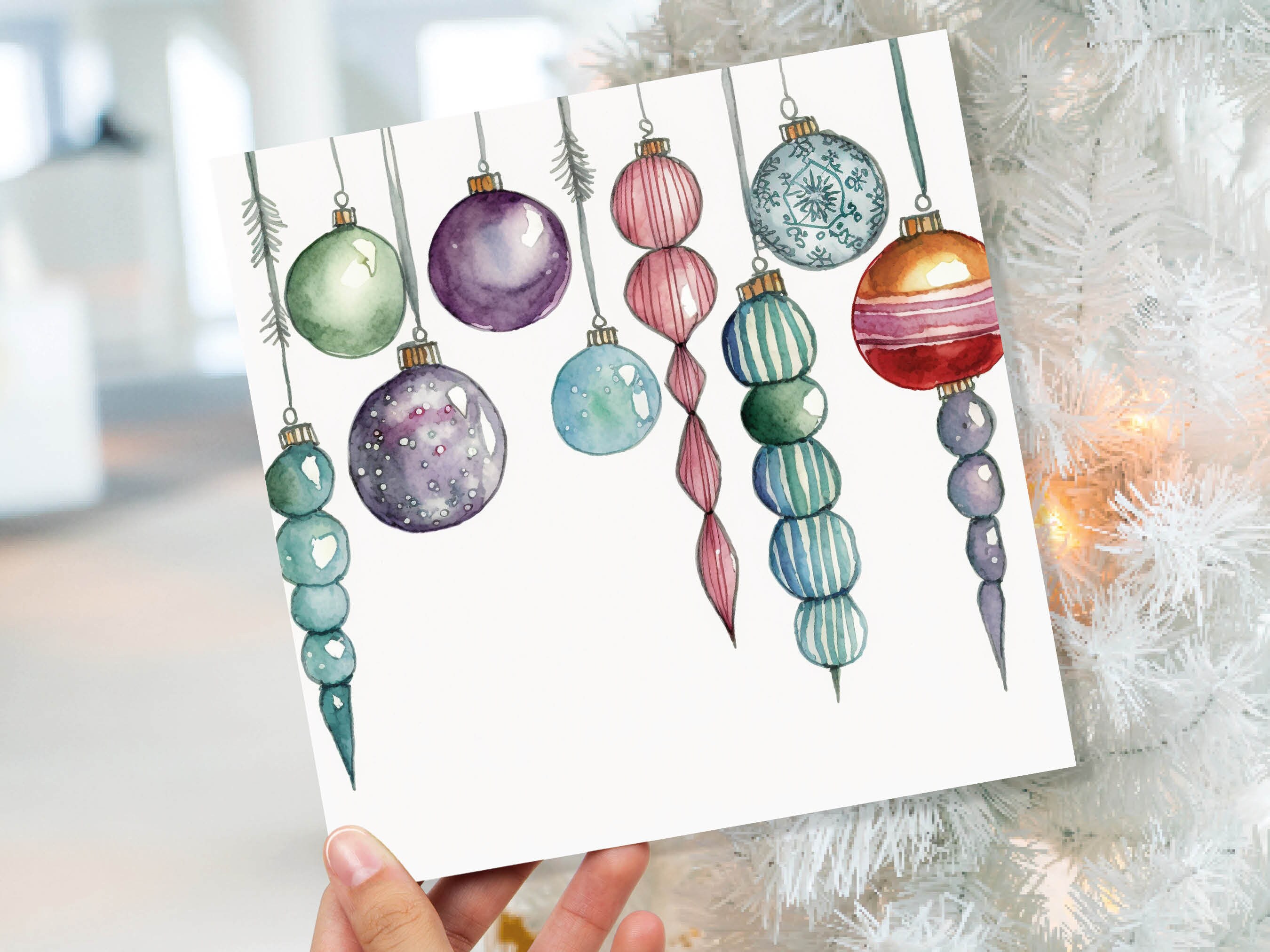 Watercolour Baubles Christmas Card Hanging Decorations Green Red White Festive Pretty Simple Greetings Cards For Family Friends Xmas 2024 - View 10