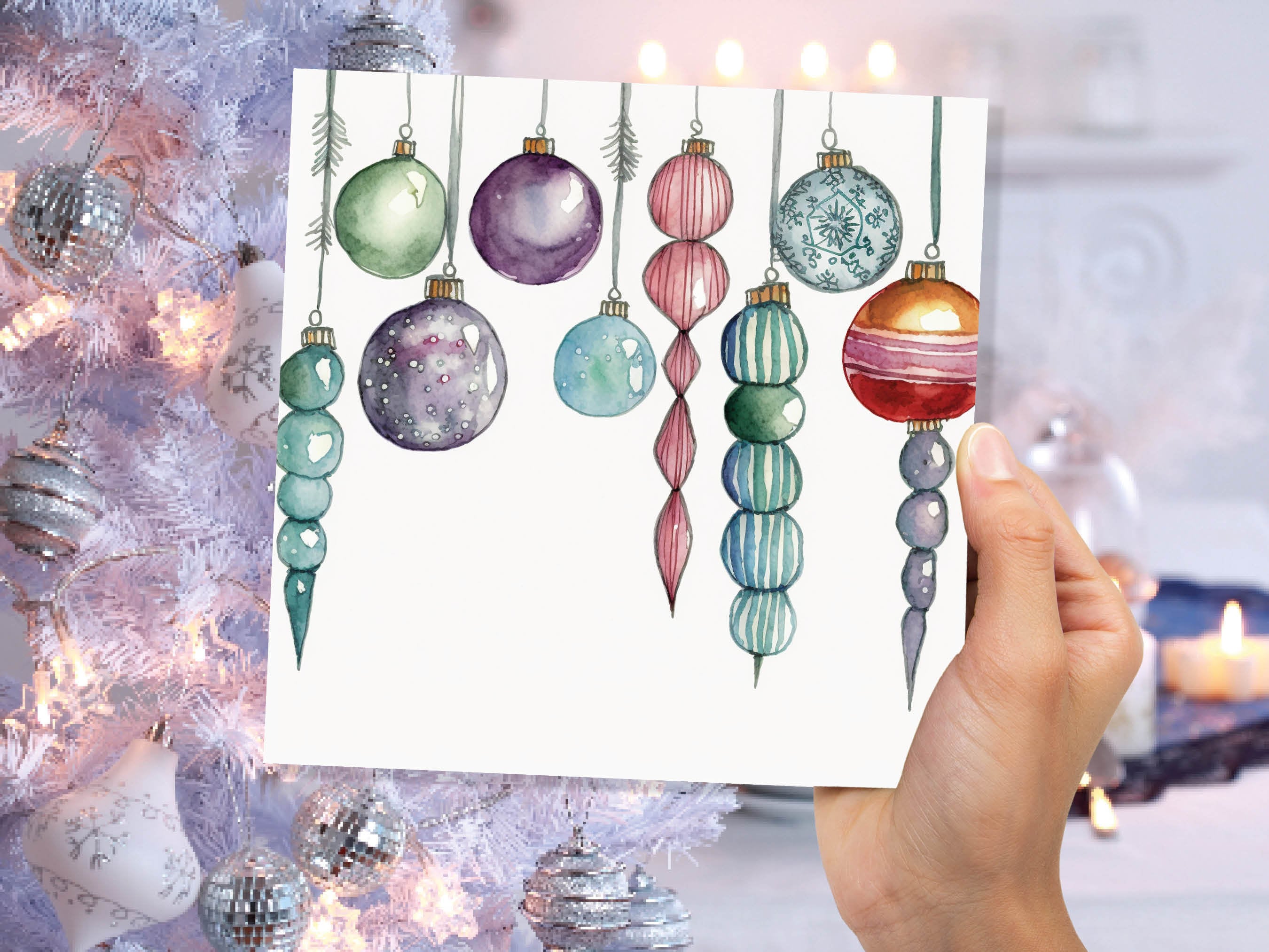 Watercolour Baubles Christmas Card Hanging Decorations Green Red White Festive Pretty Simple Greetings Cards For Family Friends Xmas 2024