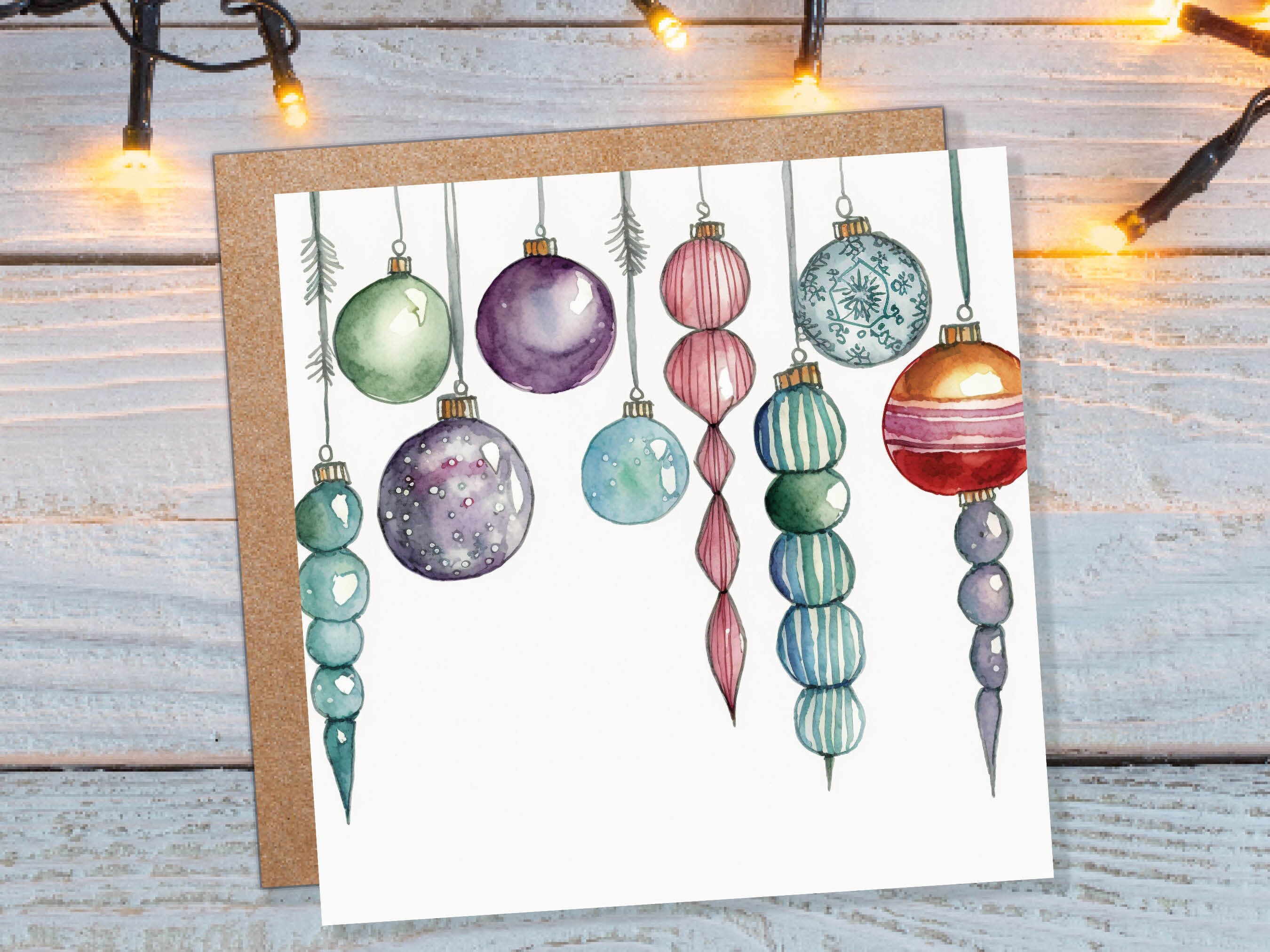 Watercolour Baubles Christmas Card Hanging Decorations Green Red White Festive Pretty Simple Greetings Cards For Family Friends Xmas 2024 - View 2