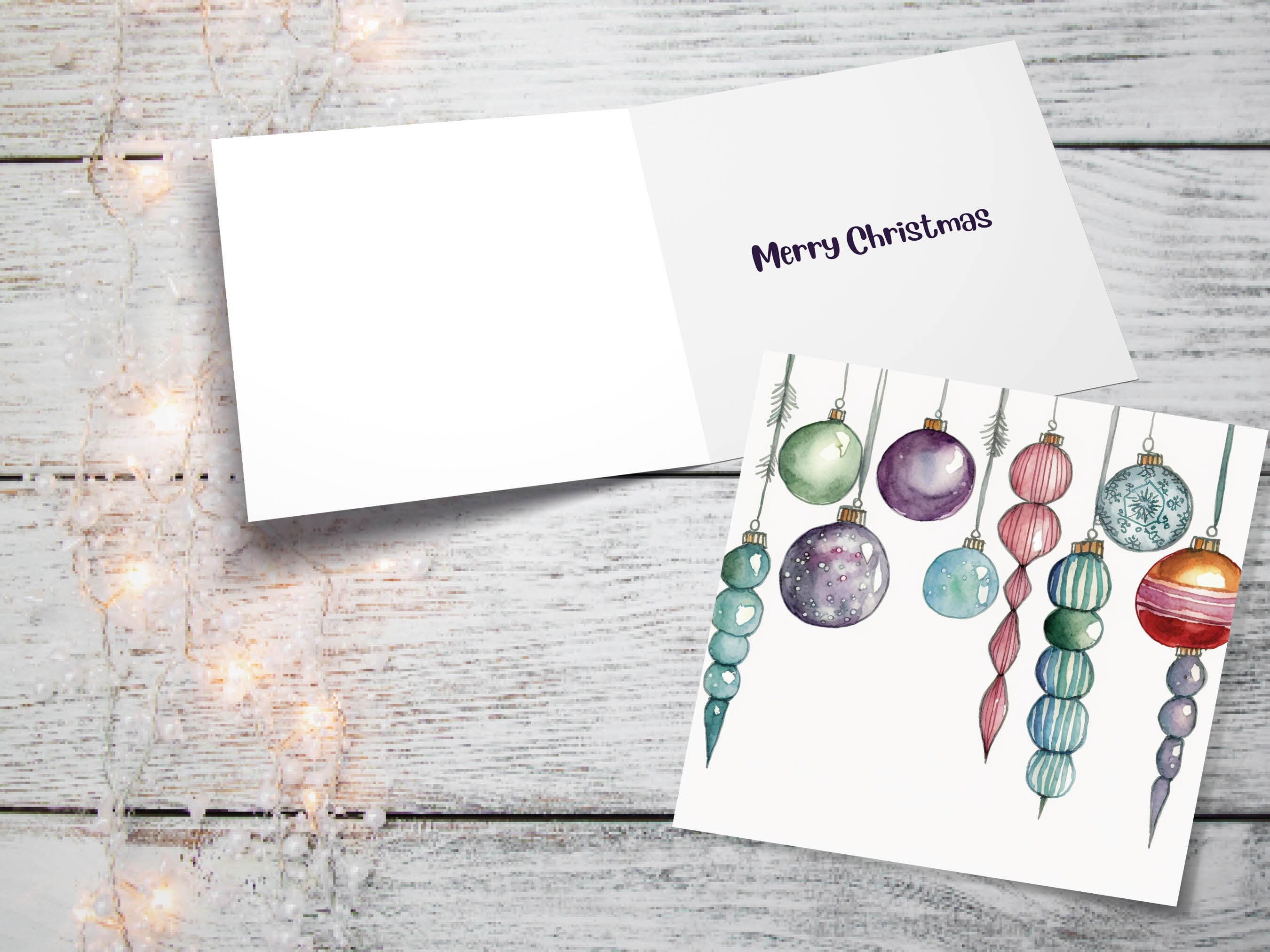 Watercolour Baubles Christmas Card Hanging Decorations Green Red White Festive Pretty Simple Greetings Cards For Family Friends Xmas 2024 - View 3