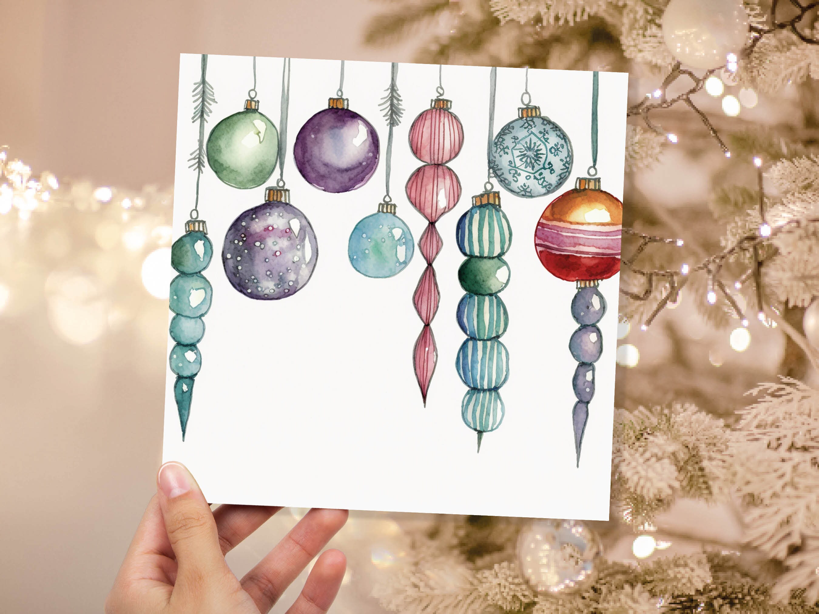 Watercolour Baubles Christmas Card Hanging Decorations Green Red White Festive Pretty Simple Greetings Cards For Family Friends Xmas 2024 - View 4