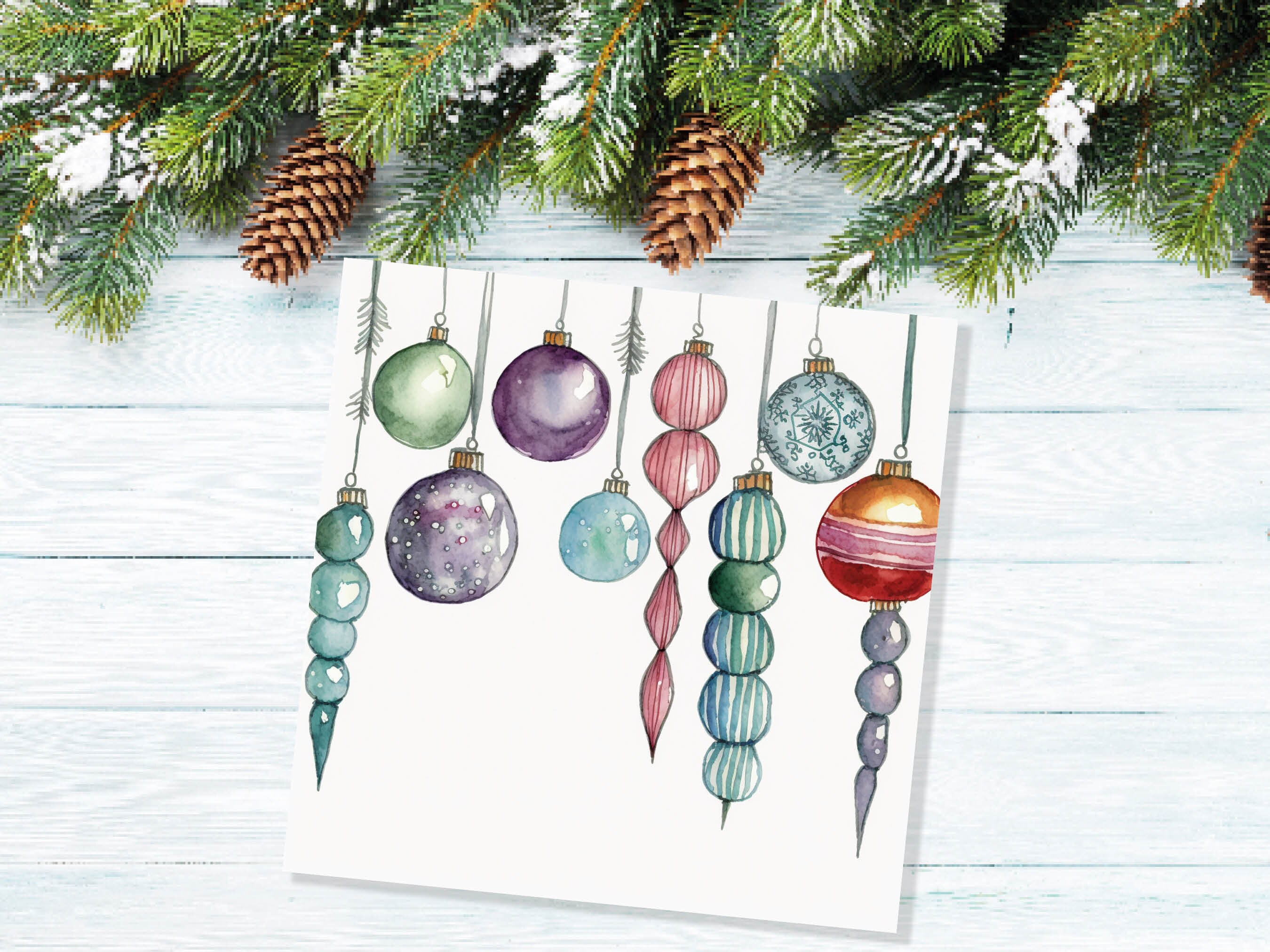 Watercolour Baubles Christmas Card Hanging Decorations Green Red White Festive Pretty Simple Greetings Cards For Family Friends Xmas 2024 - View 5