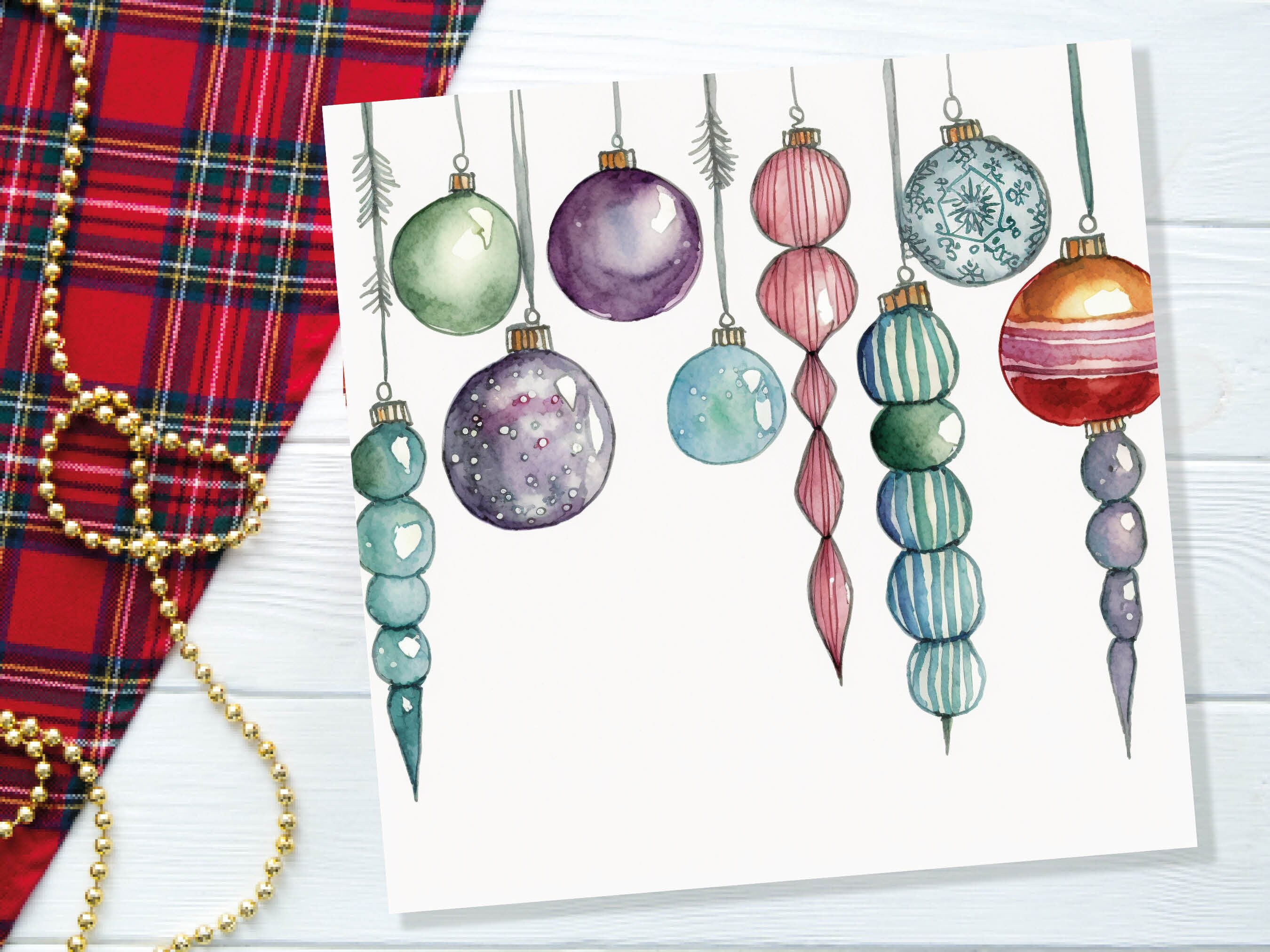 Watercolour Baubles Christmas Card Hanging Decorations Green Red White Festive Pretty Simple Greetings Cards For Family Friends Xmas 2024 - View 6