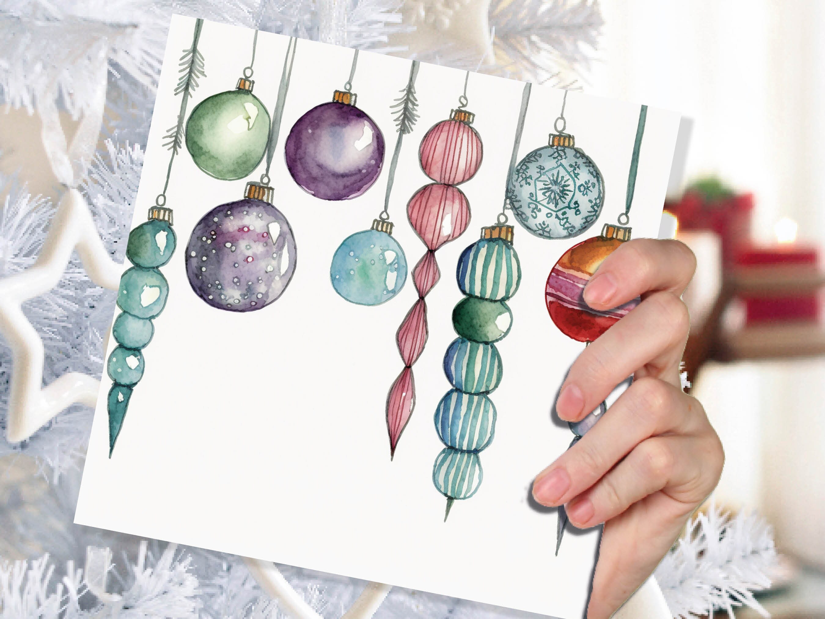 Watercolour Baubles Christmas Card Hanging Decorations Green Red White Festive Pretty Simple Greetings Cards For Family Friends Xmas 2024 - View 7