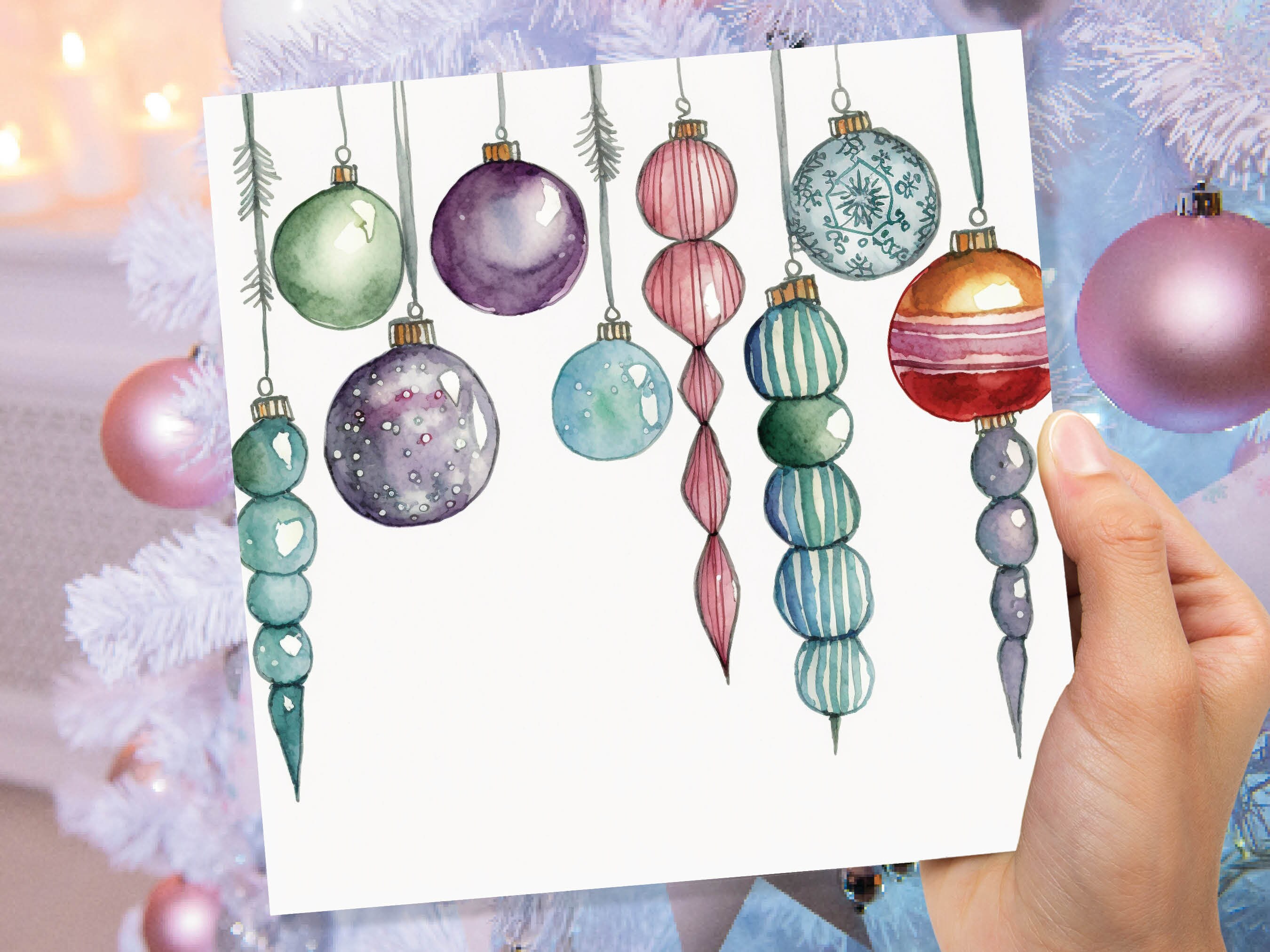 Watercolour Baubles Christmas Card Hanging Decorations Green Red White Festive Pretty Simple Greetings Cards For Family Friends Xmas 2024 - View 8