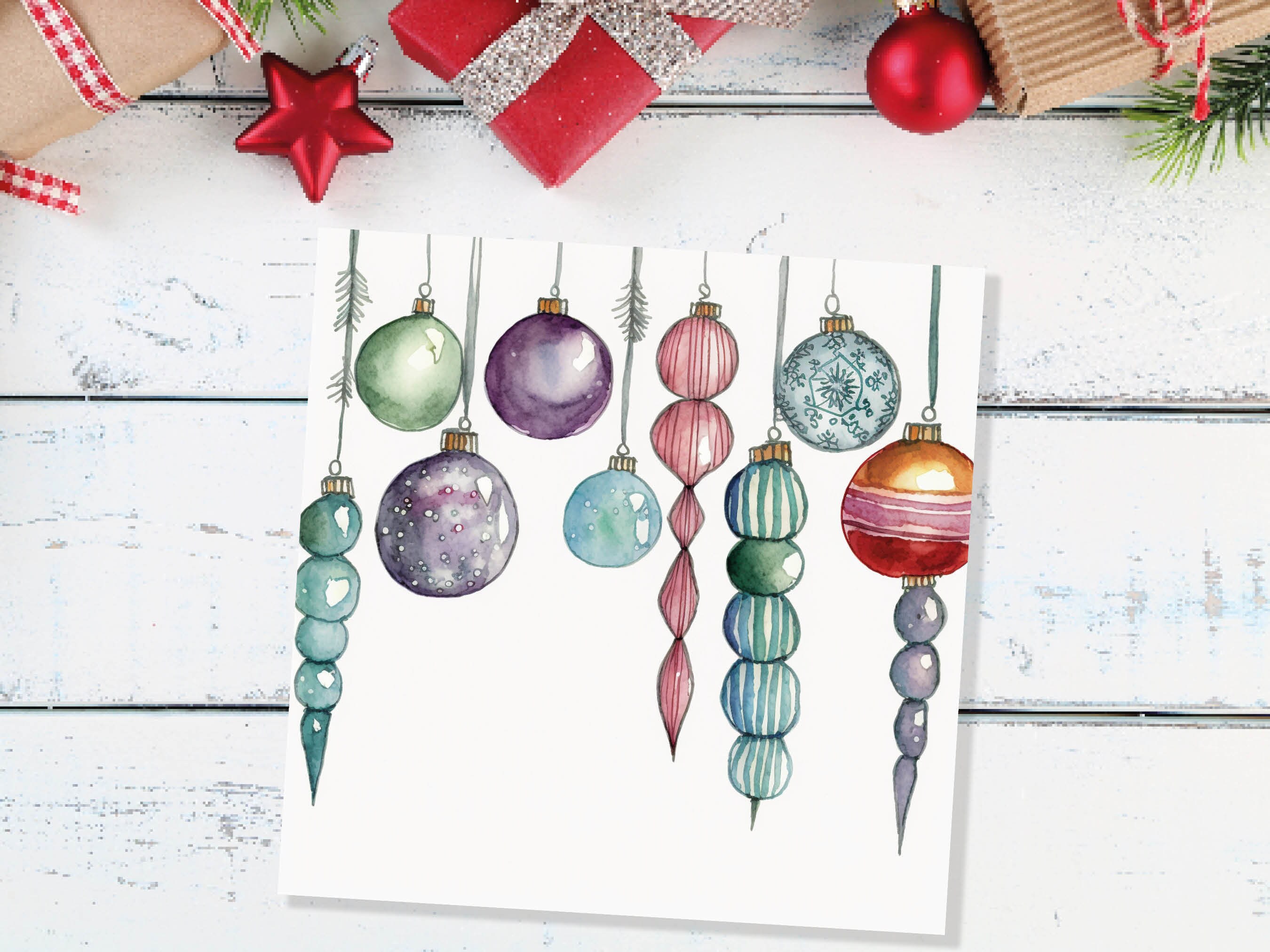 Watercolour Baubles Christmas Card Hanging Decorations Green Red White Festive Pretty Simple Greetings Cards For Family Friends Xmas 2024 - View 9