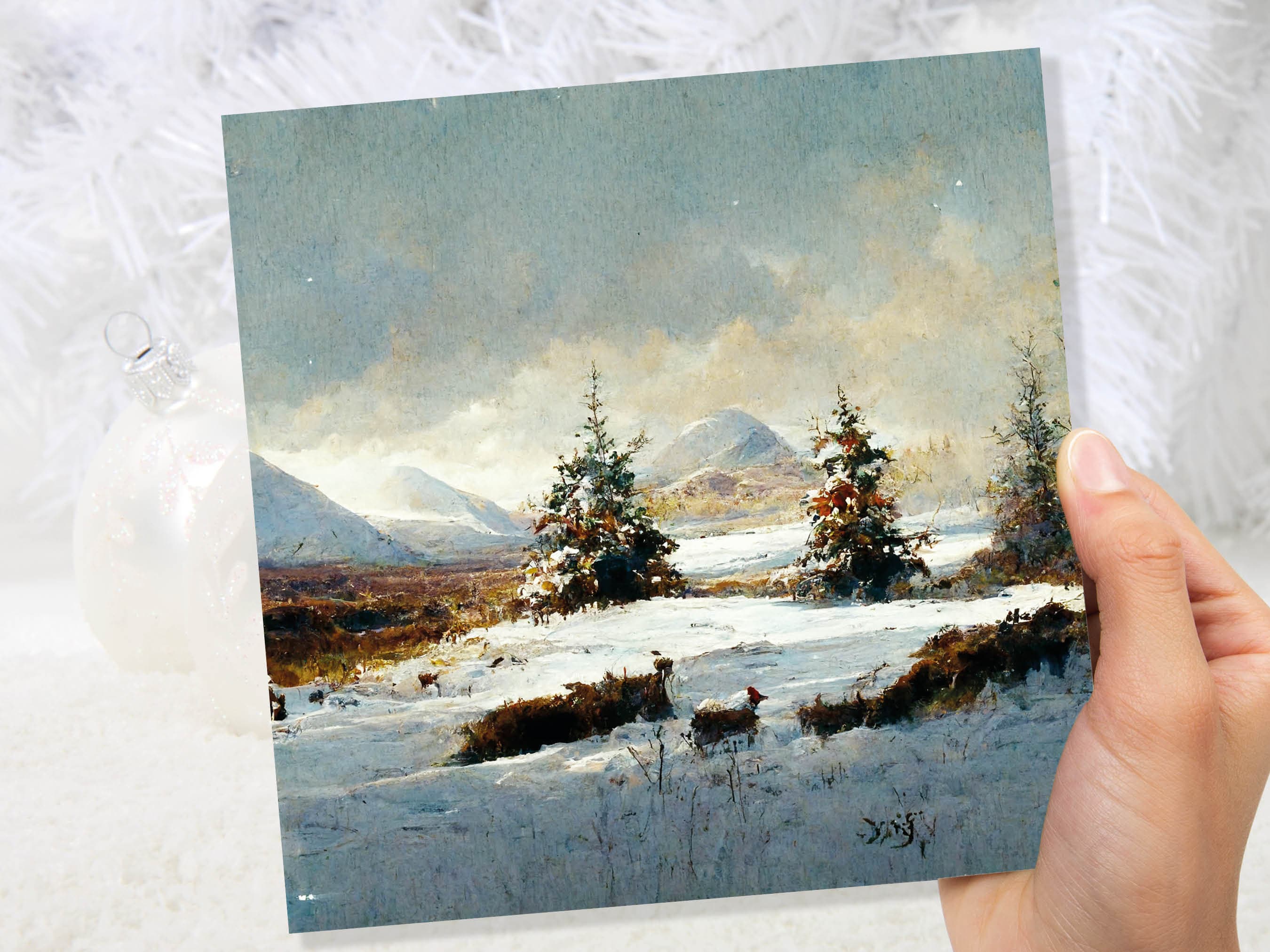 Winter Scene Landscape Card with Snowy Deer Scotland Snow Painting Unique Traditional Greetings Cards For Family Friends Xmas 2024 Thank You