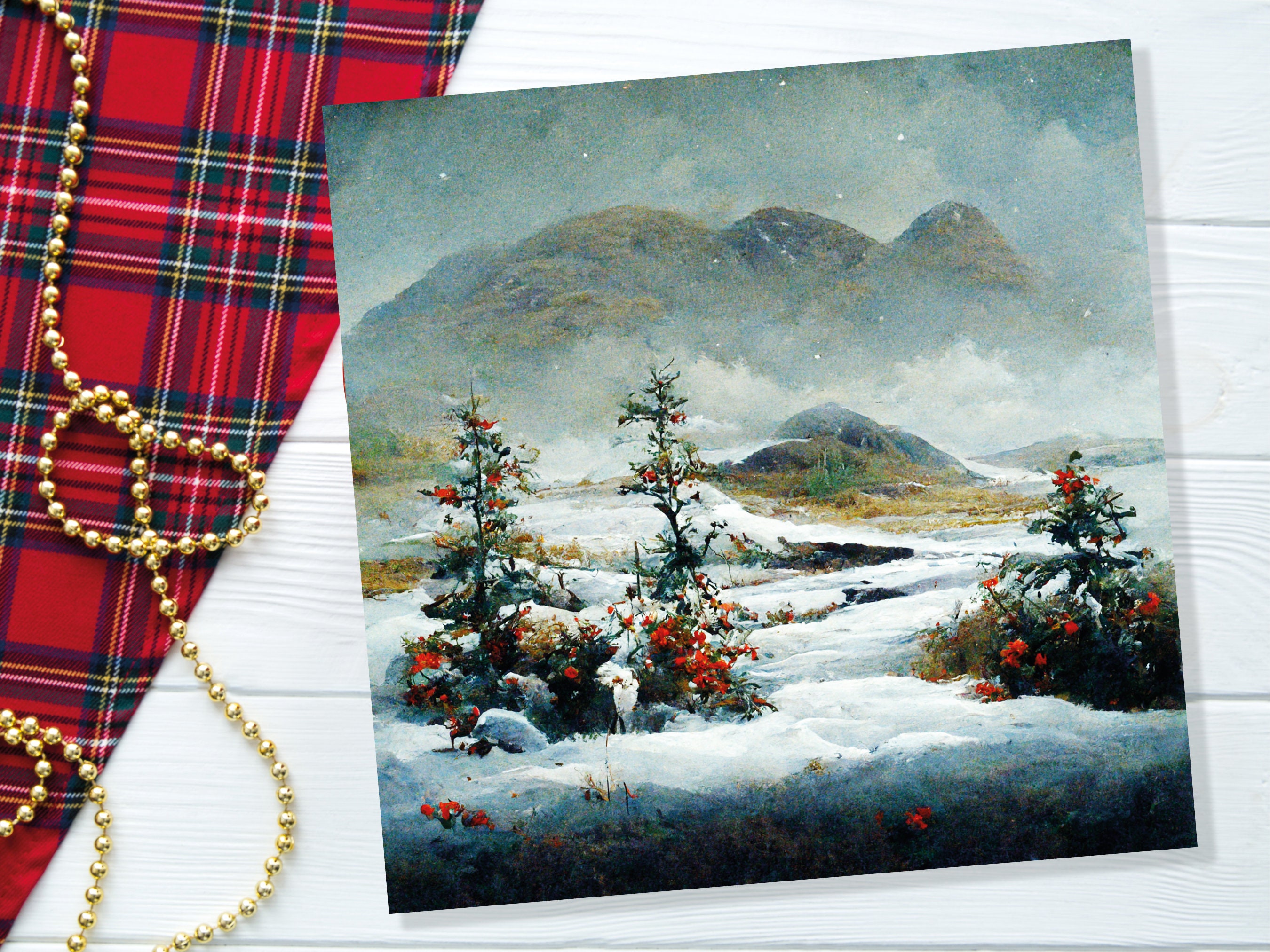 Traditional Snow Scene Card with Snowy Scottish Landscape Mountains Trees Painting Greetings Cards for Family Friends Xmas 2024 Thank You