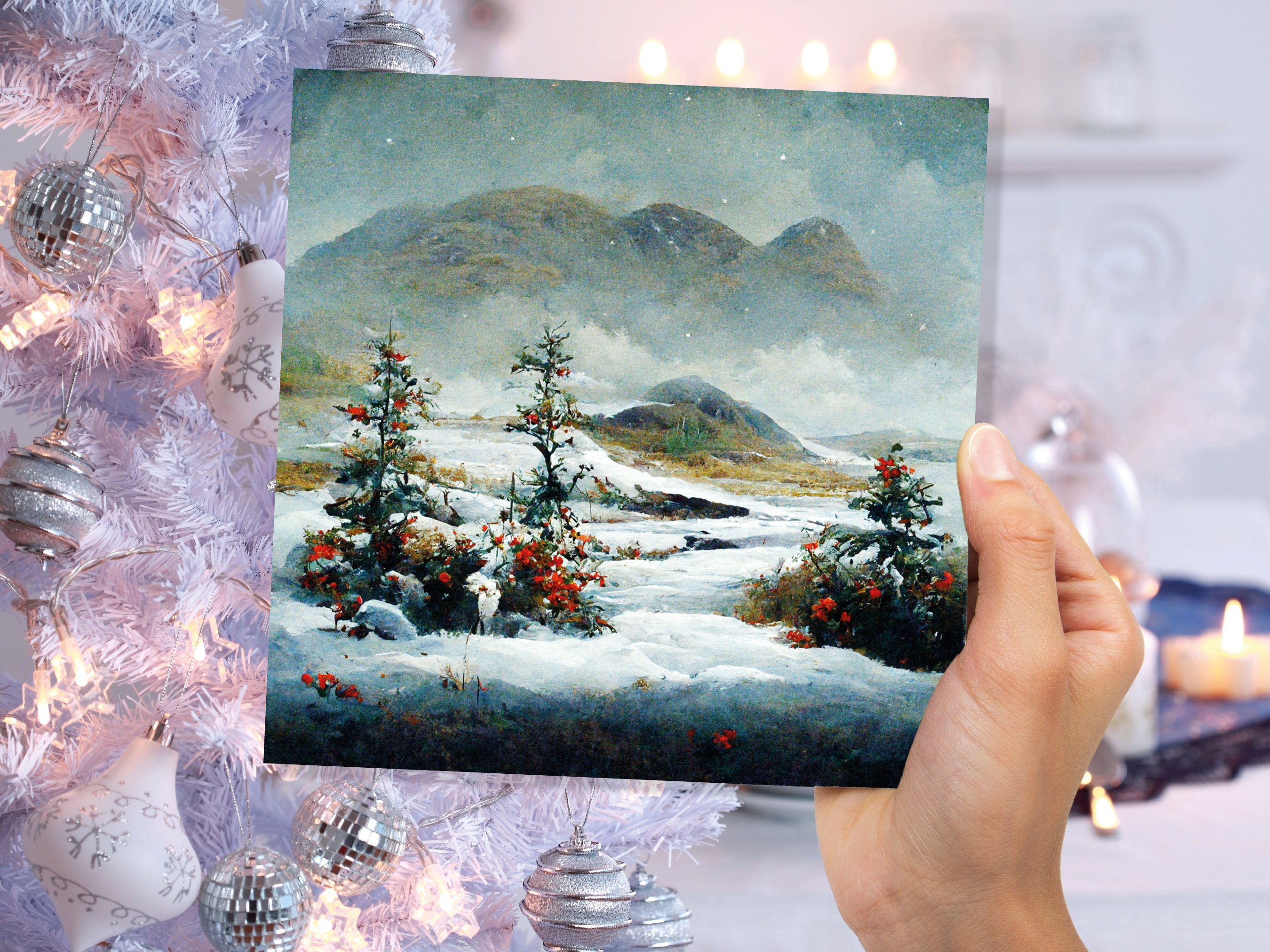 Traditional Snow Scene Card with Snowy Scottish Landscape Mountains Trees Painting Greetings Cards for Family Friends Xmas 2024 Thank You - View 2