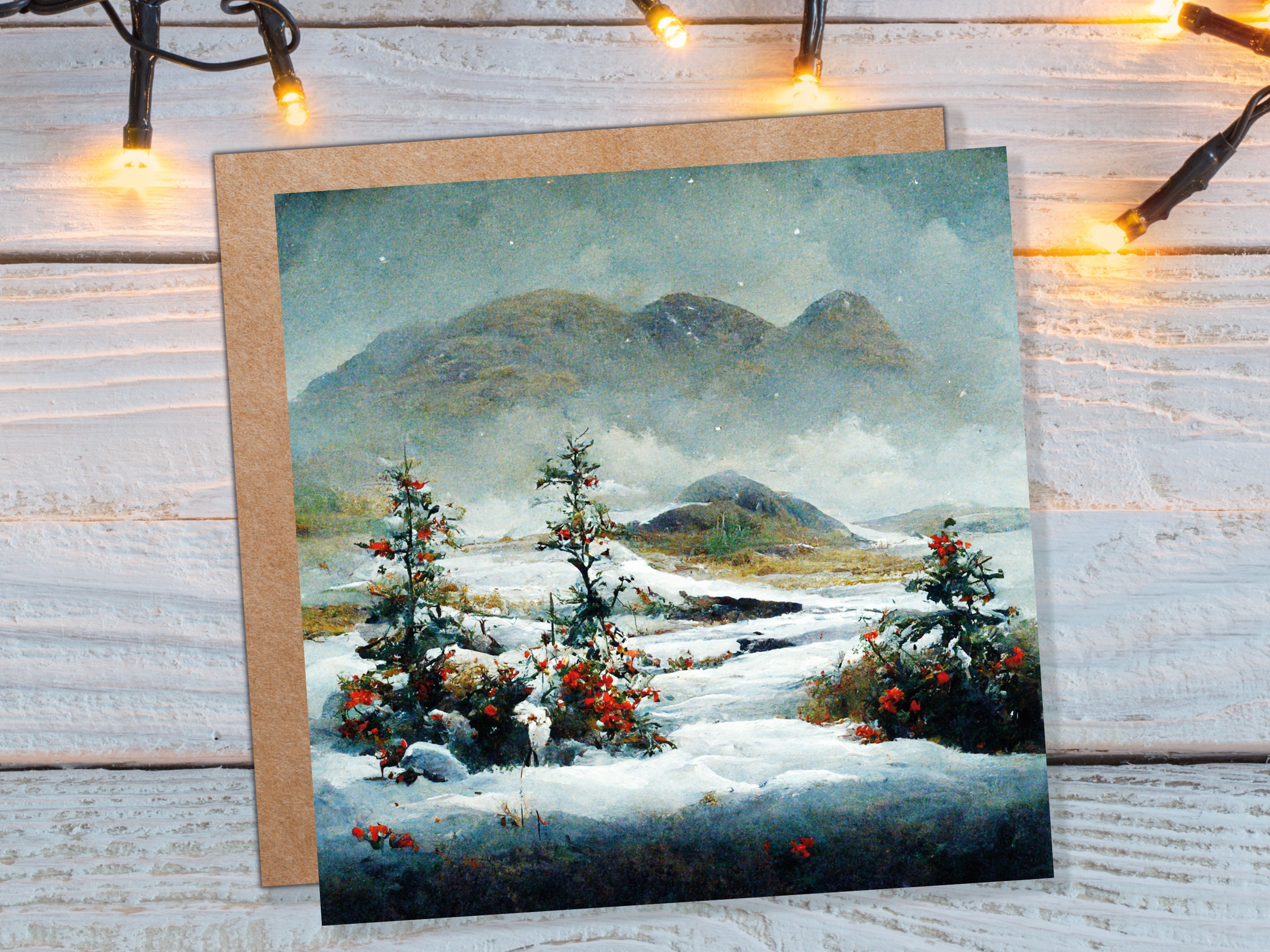 Traditional Snow Scene Card with Snowy Scottish Landscape Mountains Trees Painting Greetings Cards for Family Friends Xmas 2024 Thank You - View 3