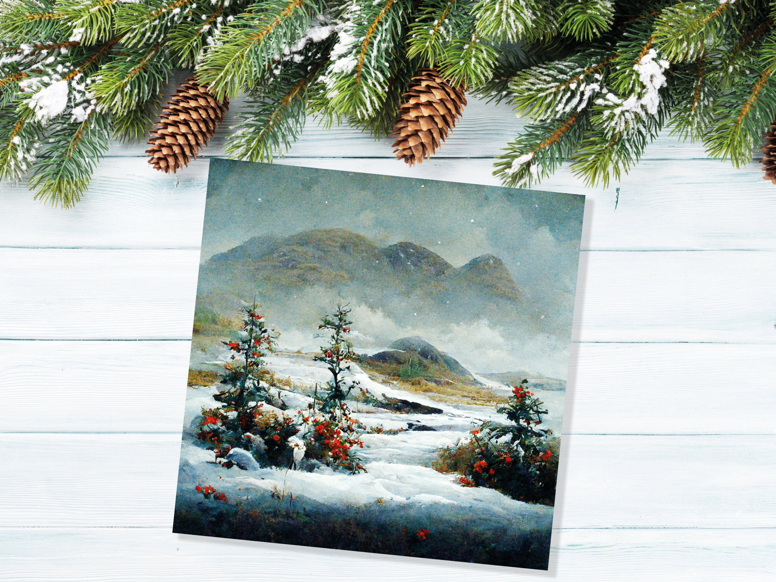 Traditional Snow Scene Card with Snowy Scottish Landscape Mountains Trees Painting Greetings Cards for Family Friends Xmas 2024 Thank You - View 4