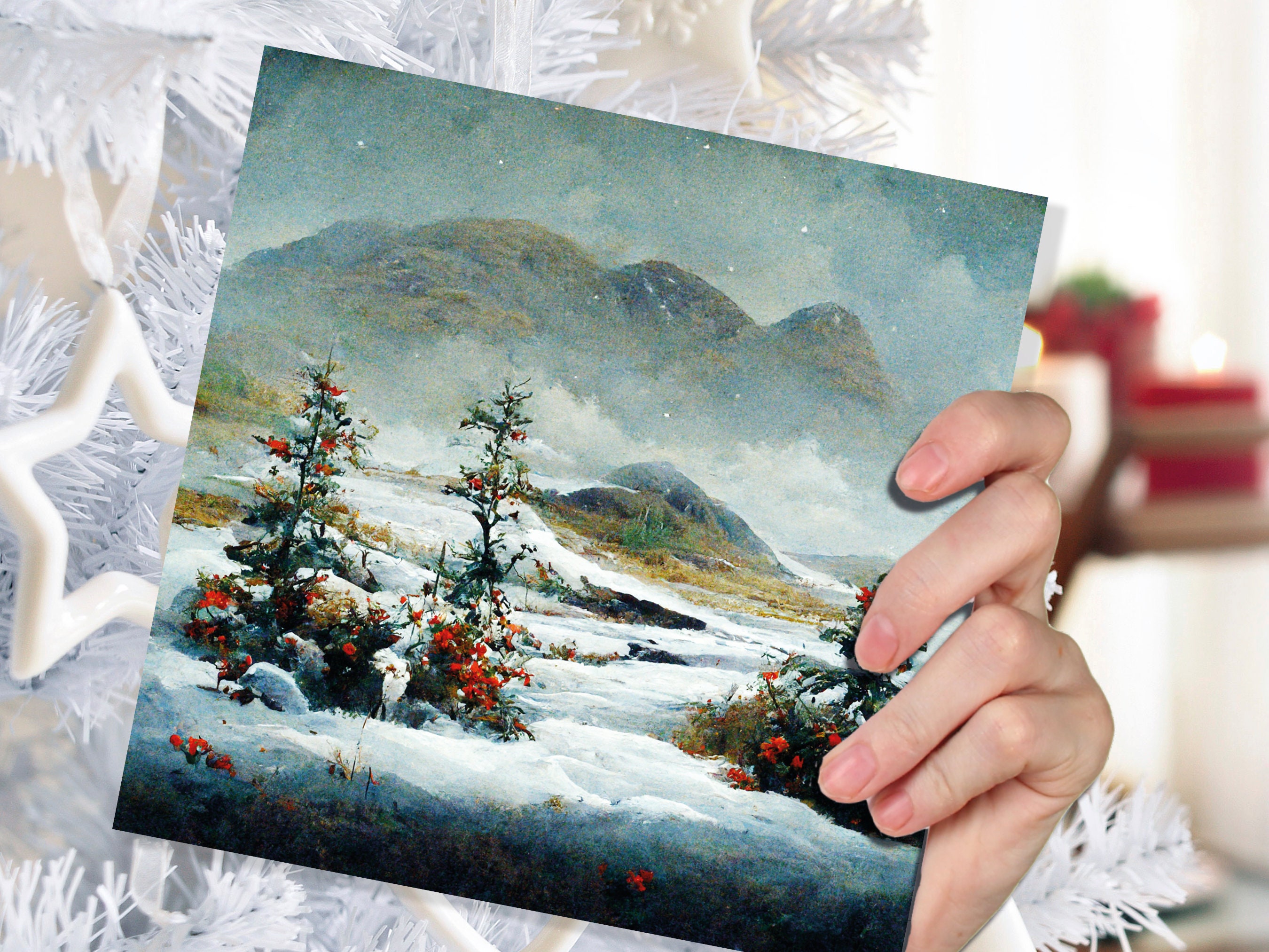 Traditional Snow Scene Card with Snowy Scottish Landscape Mountains Trees Painting Greetings Cards for Family Friends Xmas 2024 Thank You - View 5