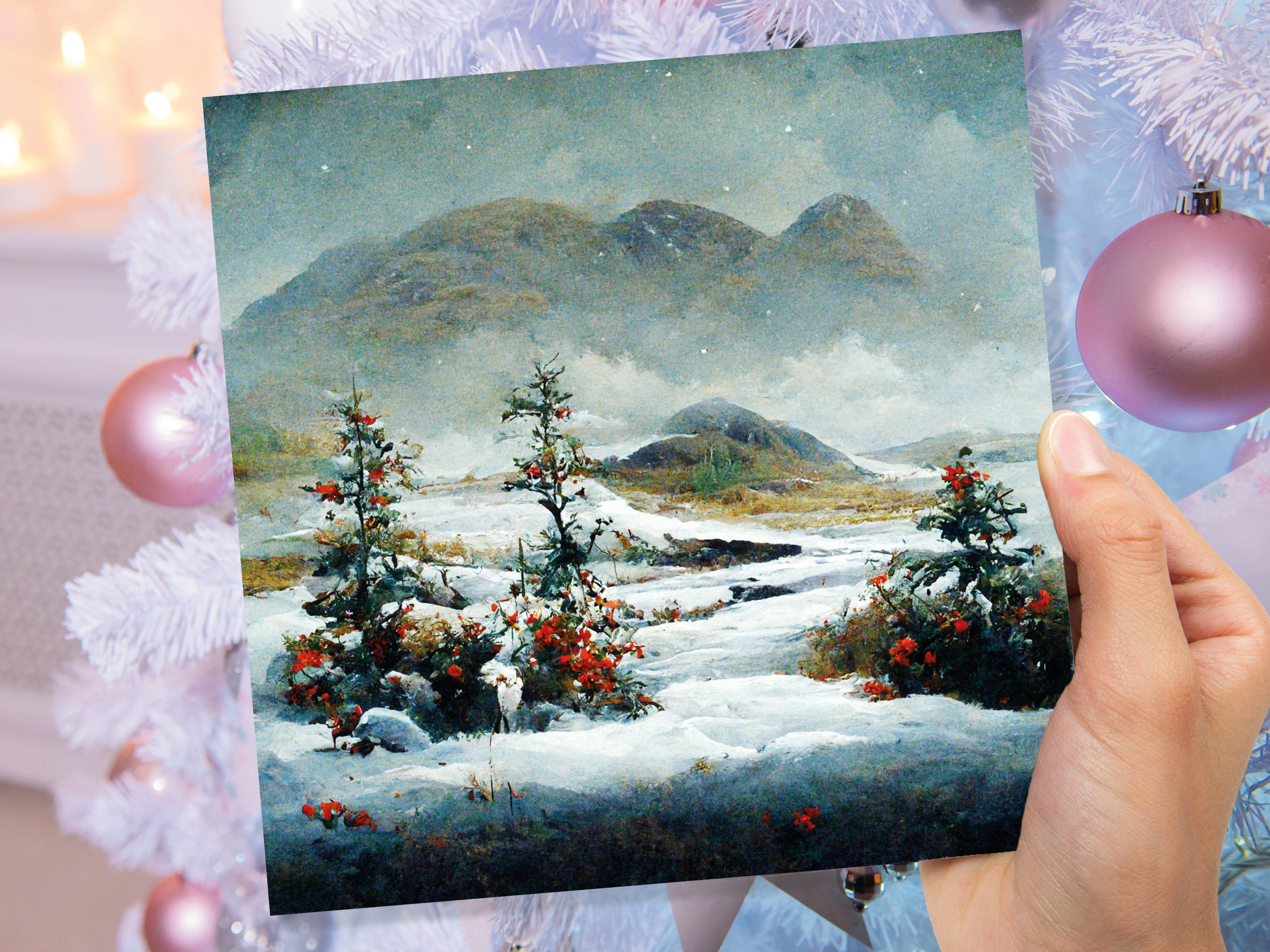 Traditional Snow Scene Card with Snowy Scottish Landscape Mountains Trees Painting Greetings Cards for Family Friends Xmas 2024 Thank You - View 6