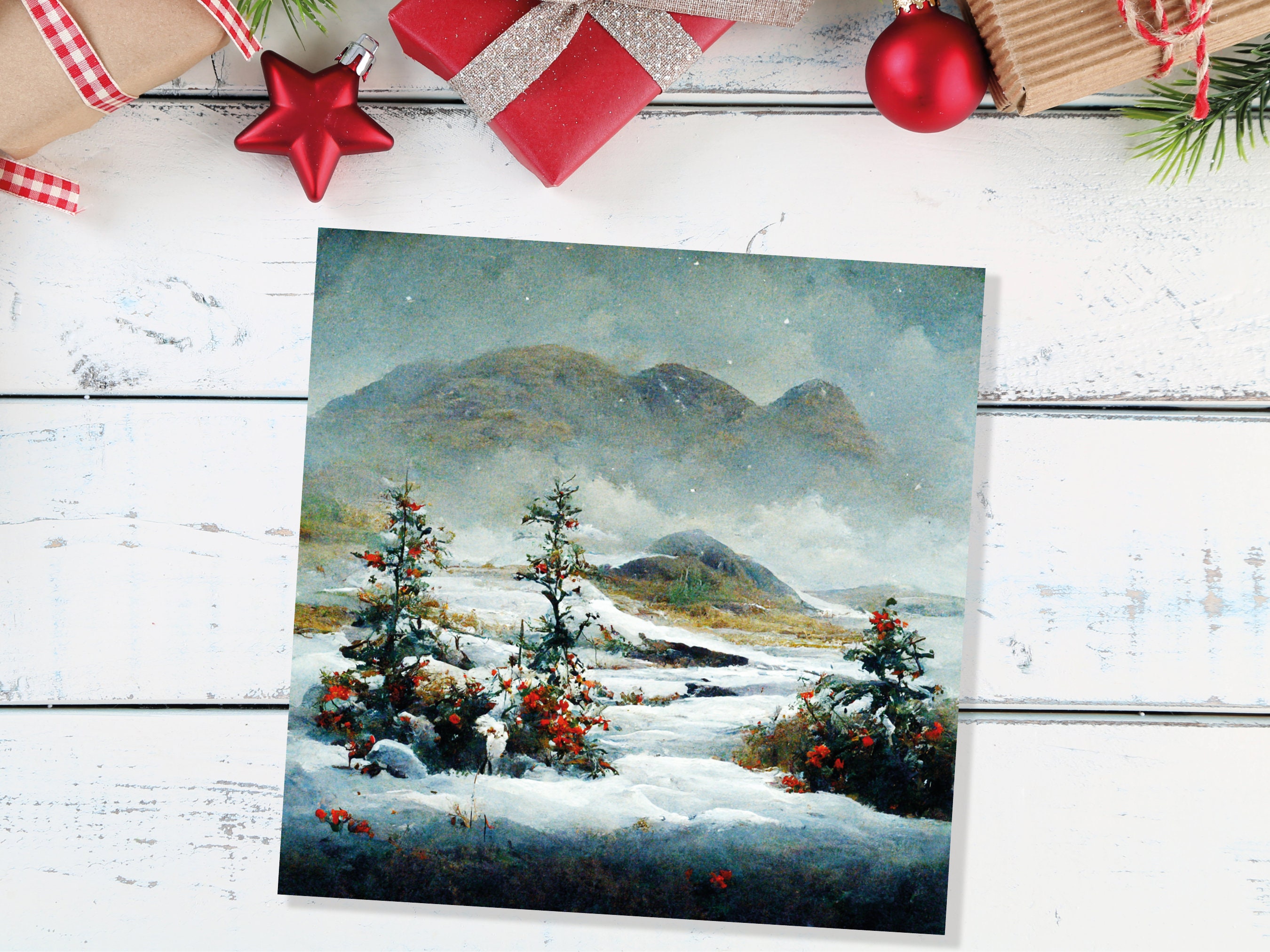 Traditional Snow Scene Card with Snowy Scottish Landscape Mountains Trees Painting Greetings Cards for Family Friends Xmas 2024 Thank You - View 7